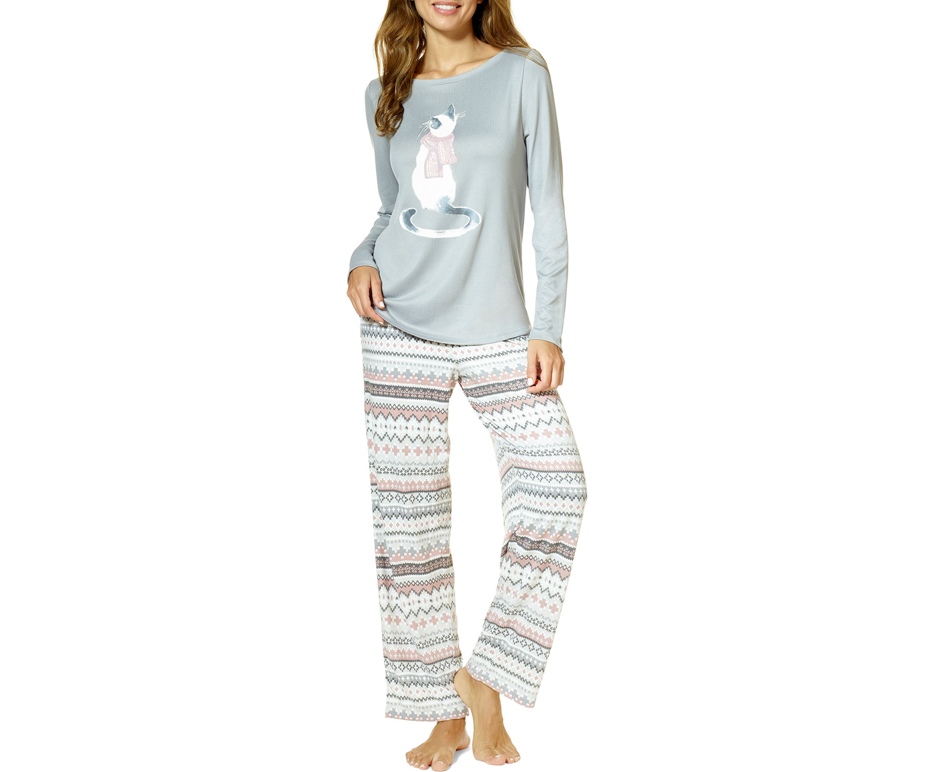 Womens Feline Fair Isle Printed Pajama Set