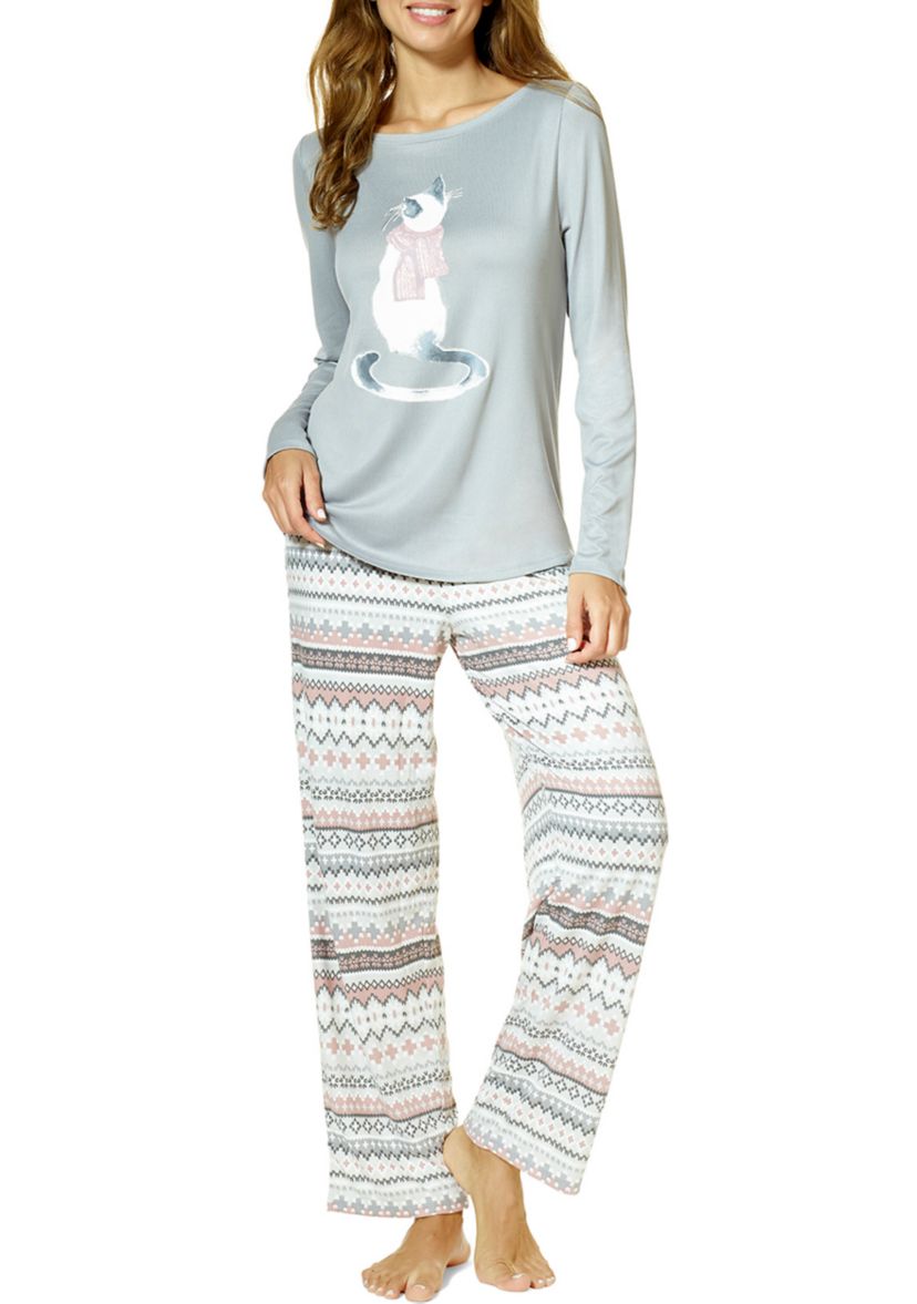 Womens Feline Fair Isle Printed Pajama Set