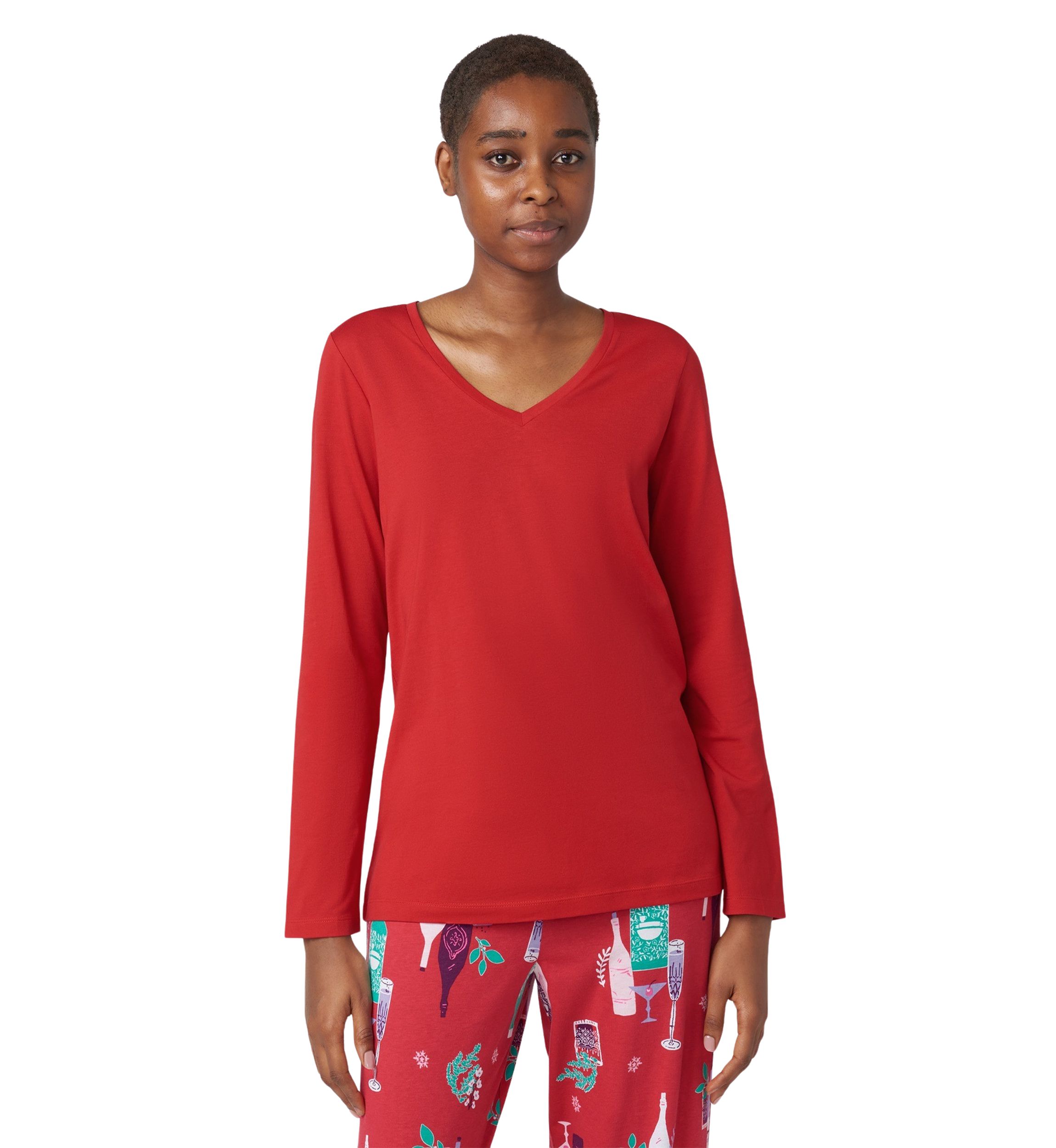 Solid Long Sleeve V-Neck Pajama T-Shirt 