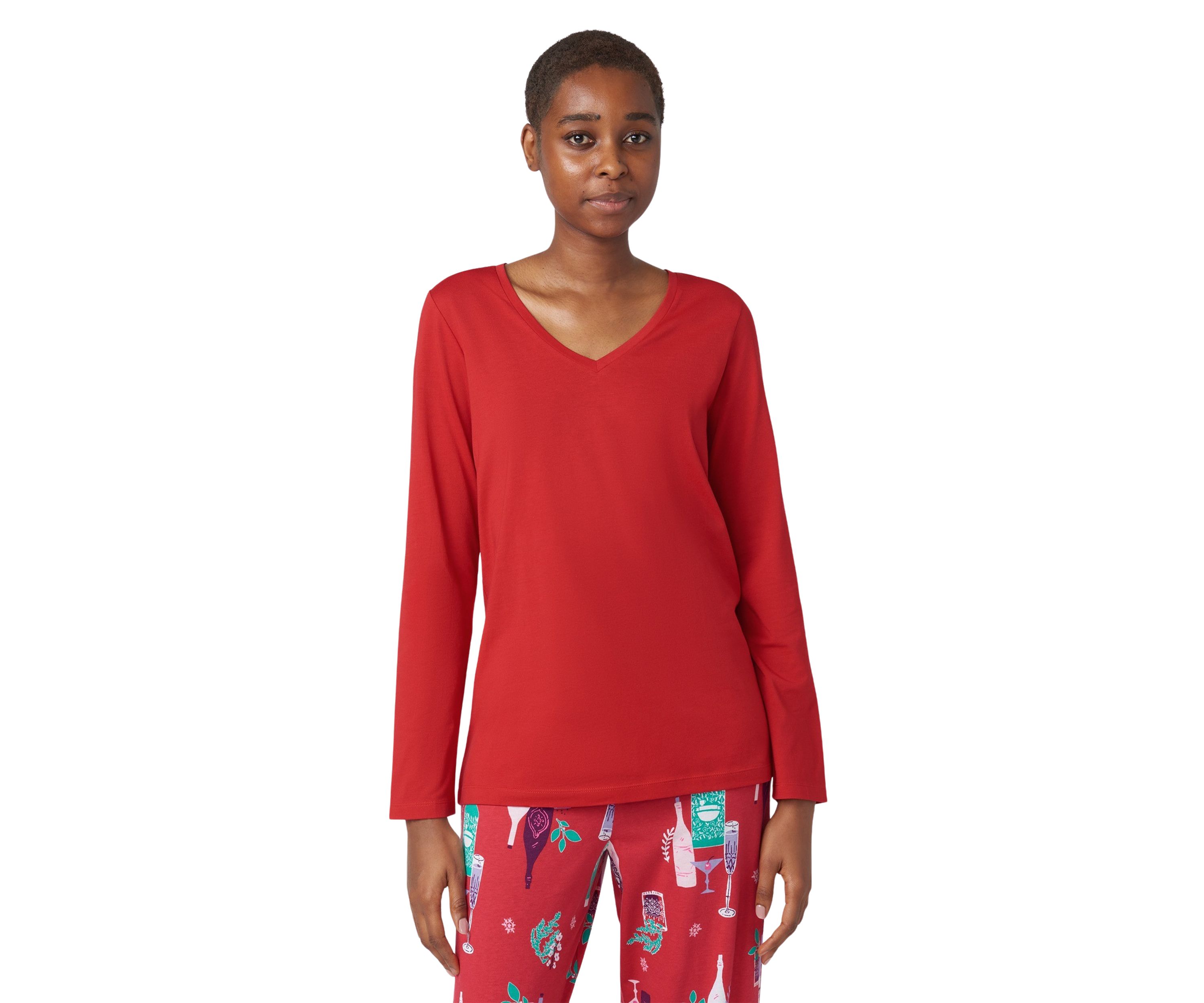 Solid Long Sleeve V-Neck Pajama T-Shirt 