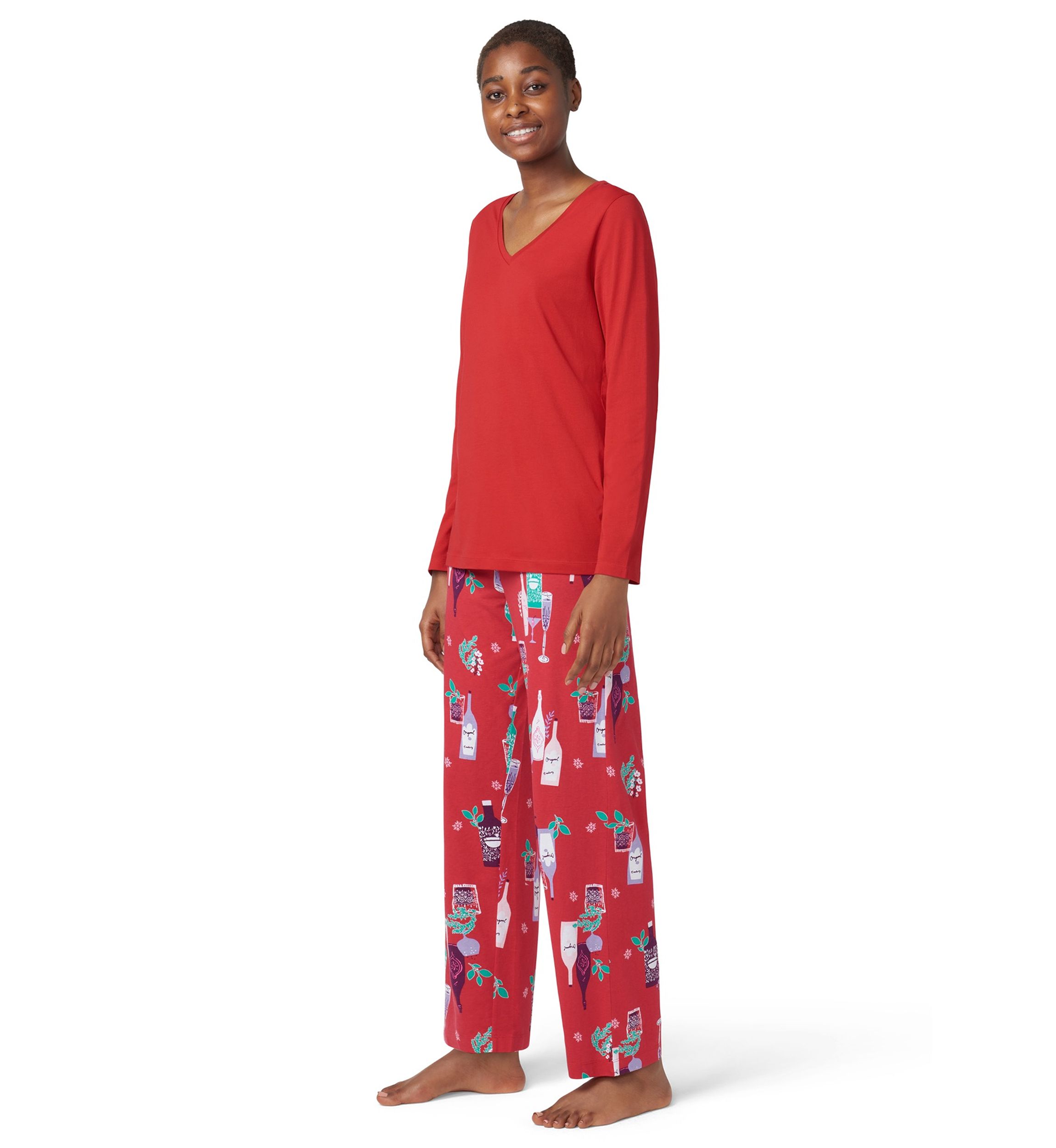 Solid Long Sleeve V-Neck Pajama T-Shirt 