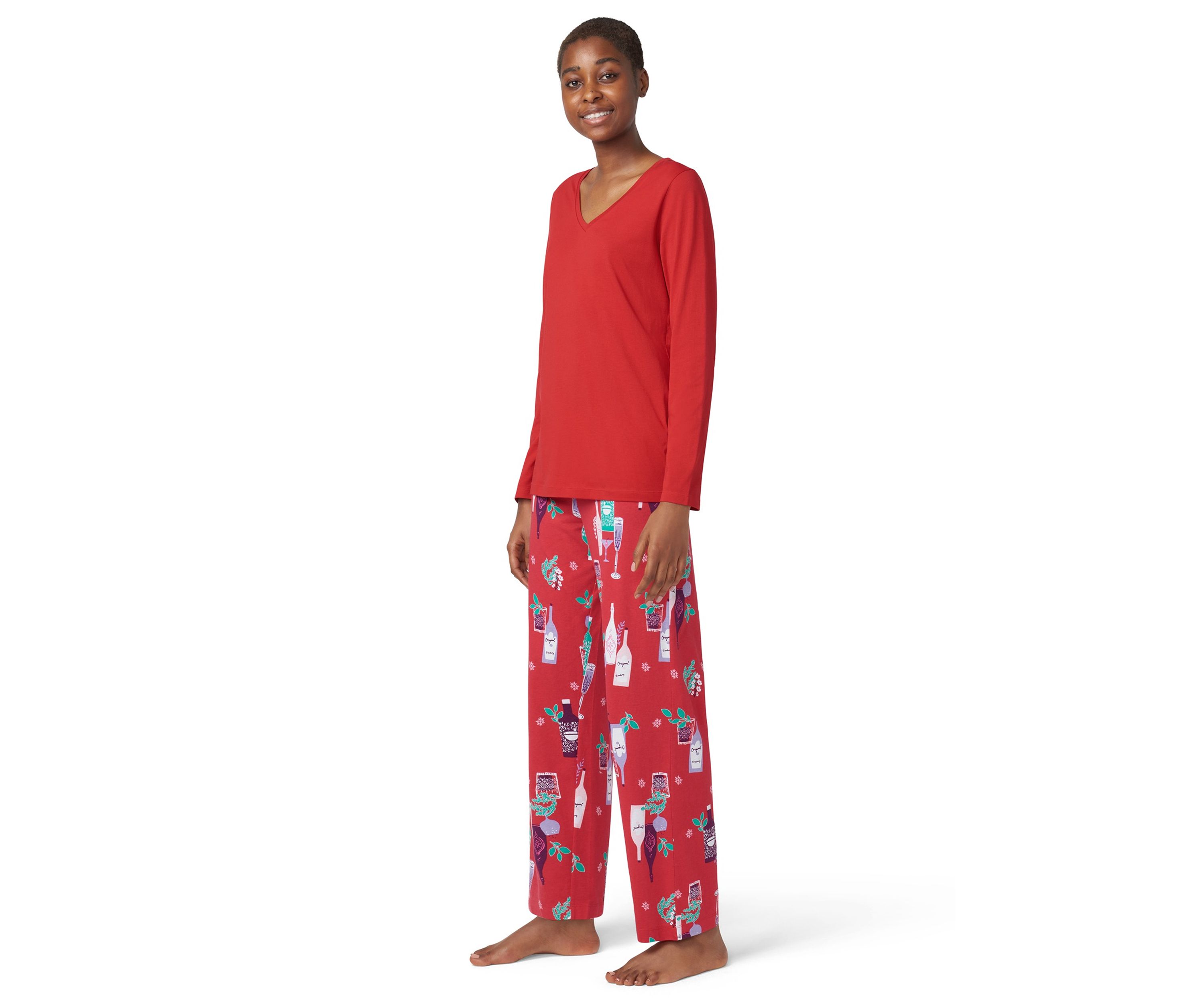 Solid Long Sleeve V-Neck Pajama T-Shirt 
