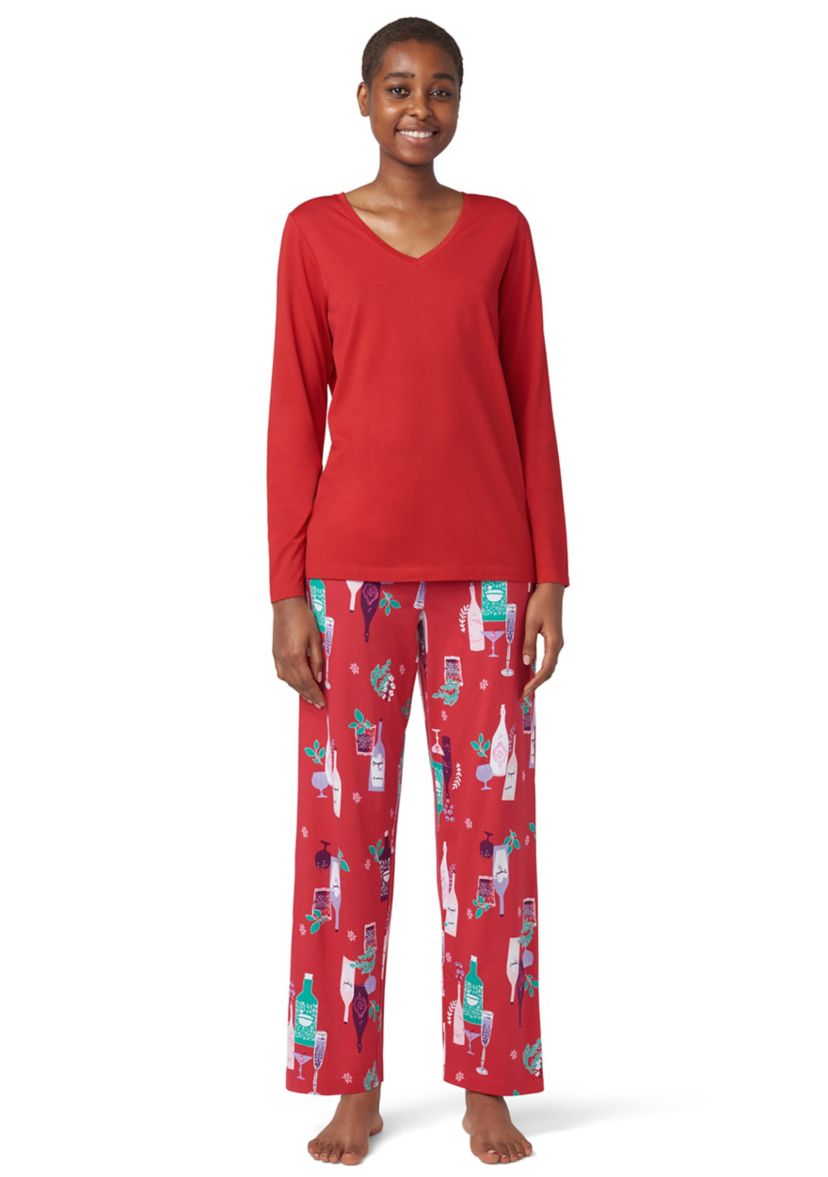 Solid Long Sleeve V-Neck Pajama T-Shirt 
