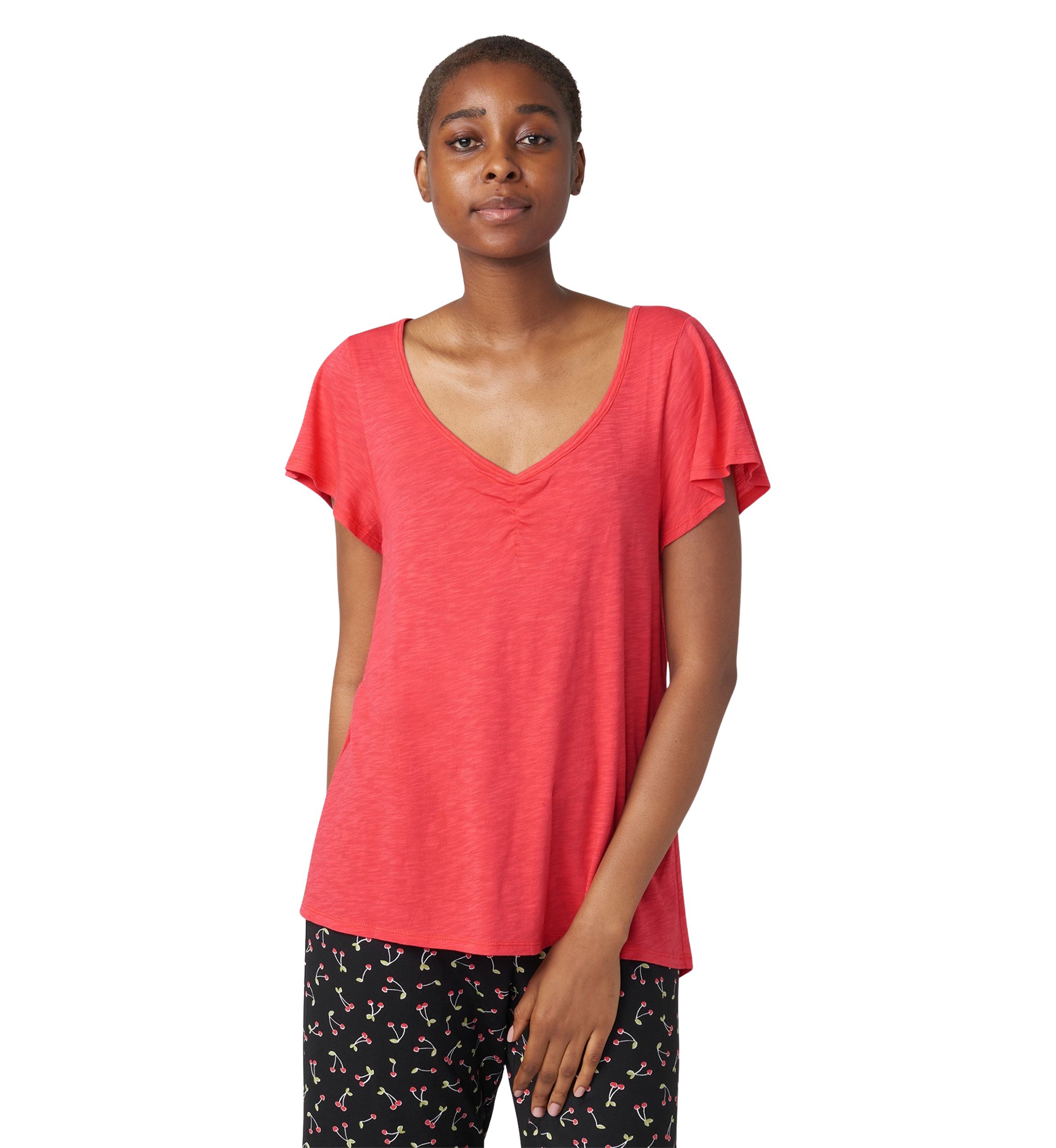 Solid Shirred V-Neck Sleep T-Shirt