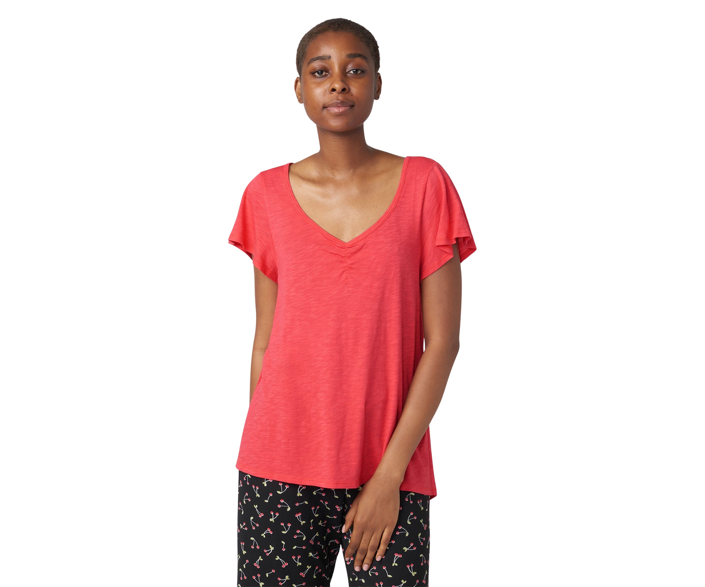 Solid Shirred V-Neck Sleep T-Shirt