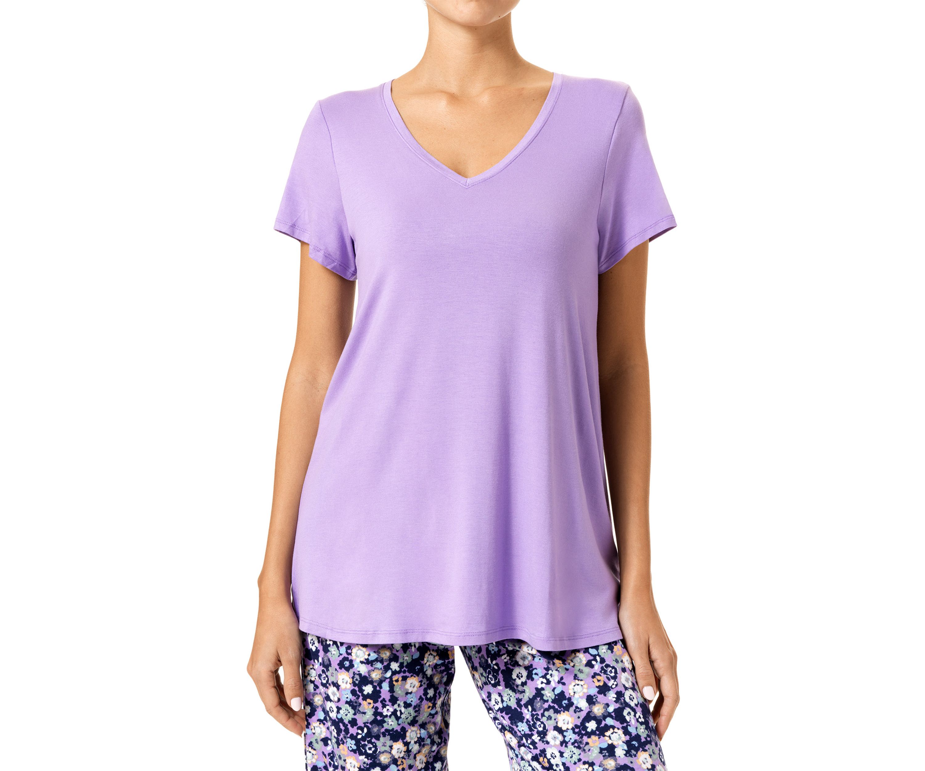  Solid Short Sleeve V-Neck Sleep T-Shirt