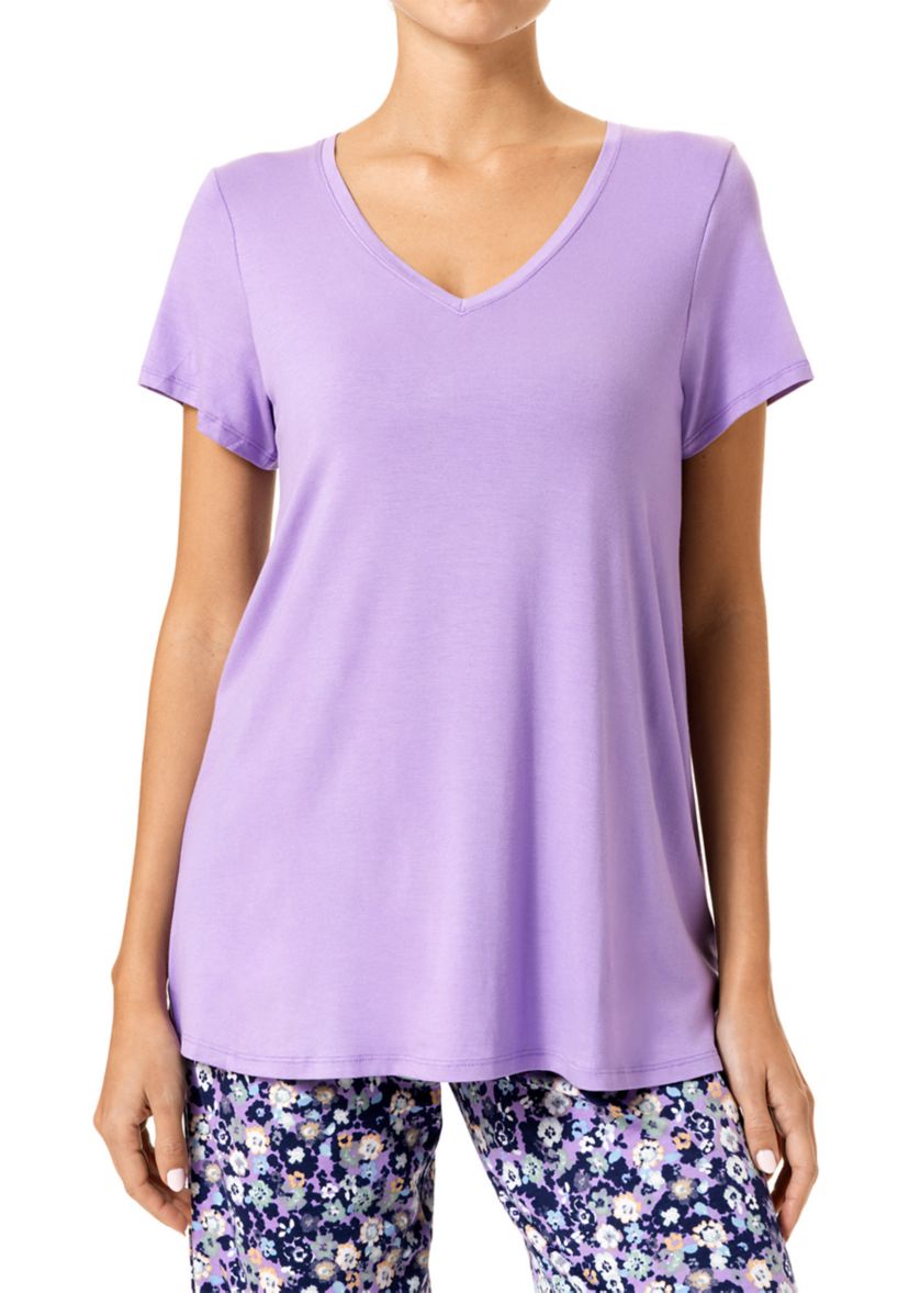  Solid Short Sleeve V-Neck Sleep T-Shirt