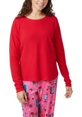 HUE Women's Solid Crew Neck Long Sleeve Sleep Tee, Red, X-Large