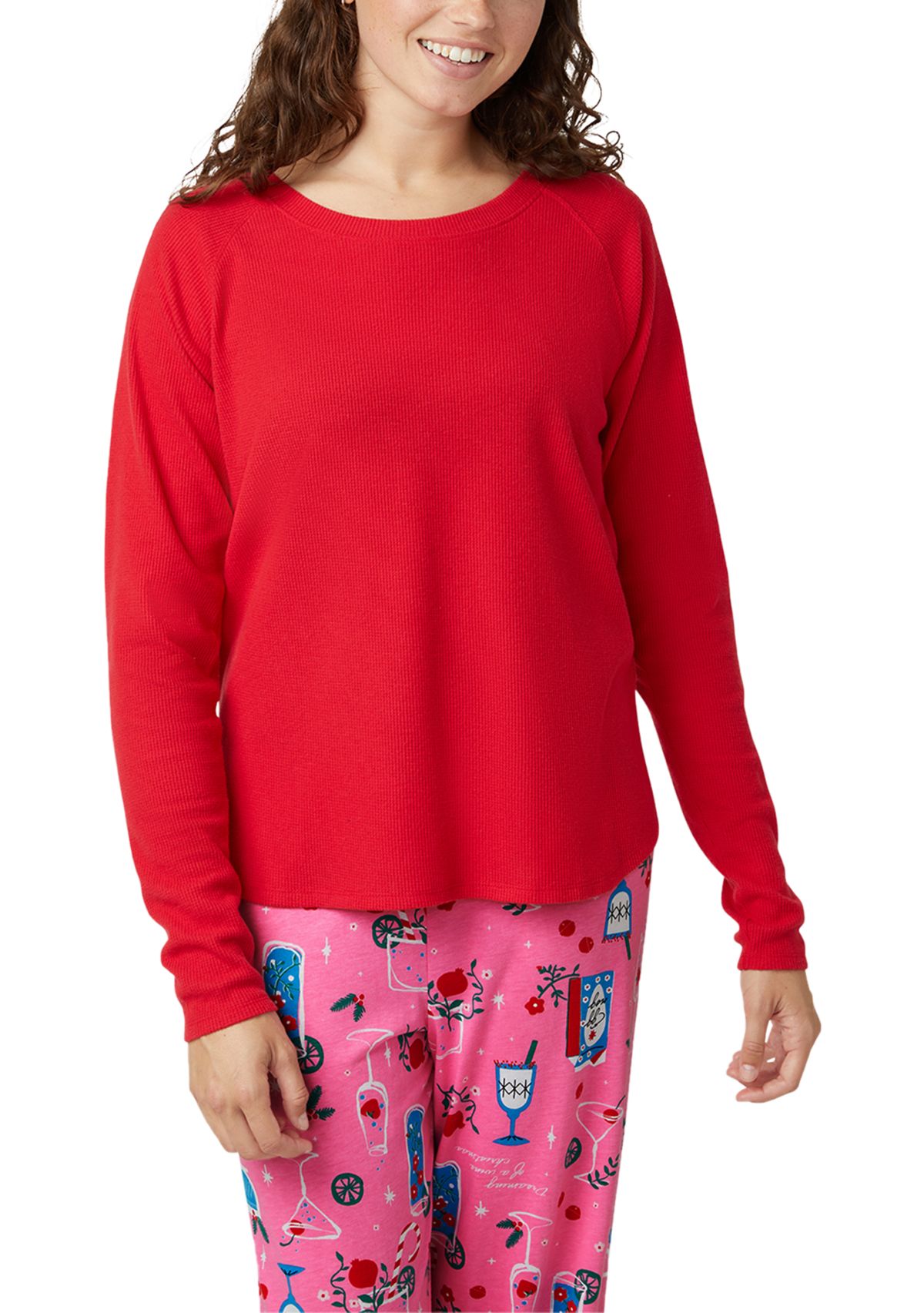 Womens Solid Crew Neck Long Sleeve Sleep Tee