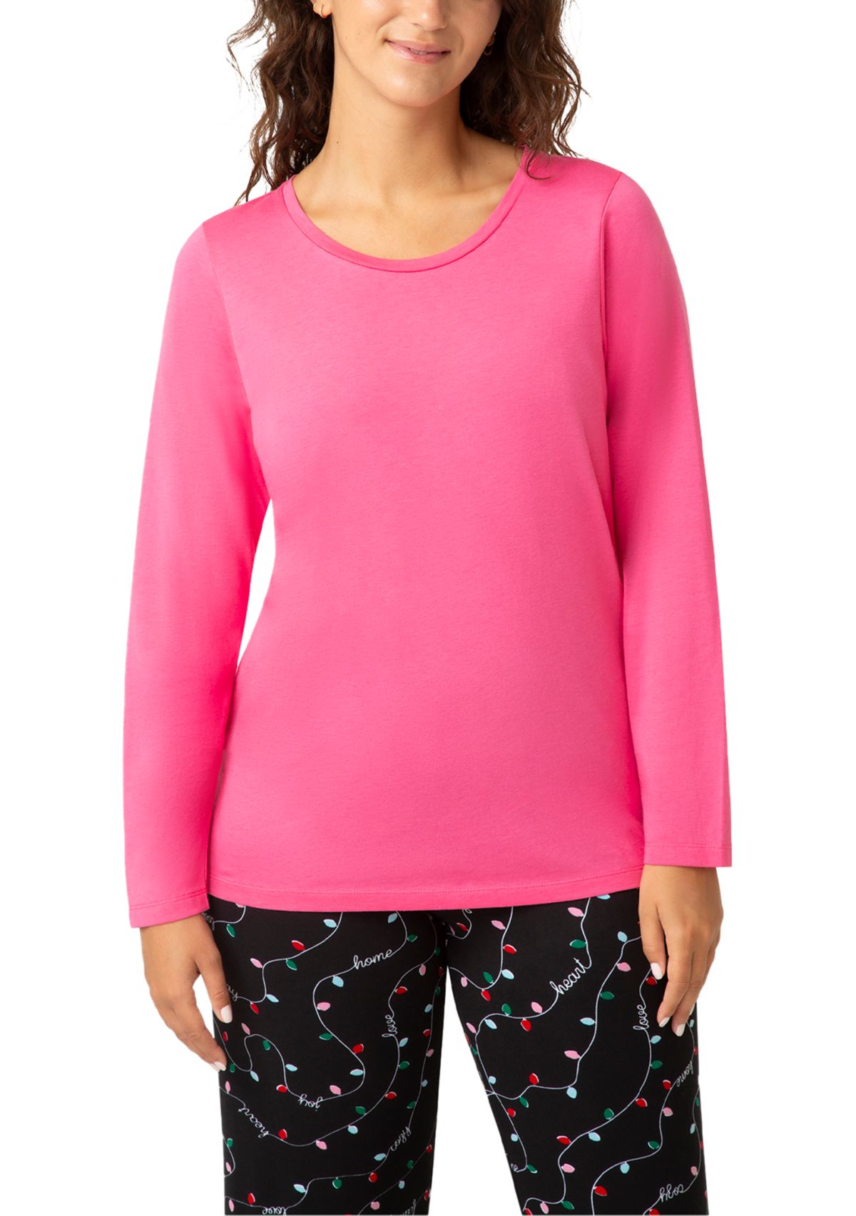 Womens Solid Crew Neck Long Sleeve Sleep Tee