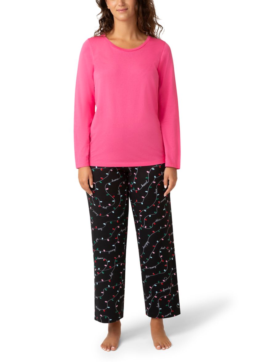 Womens Solid Crew Neck Long Sleeve Sleep Tee