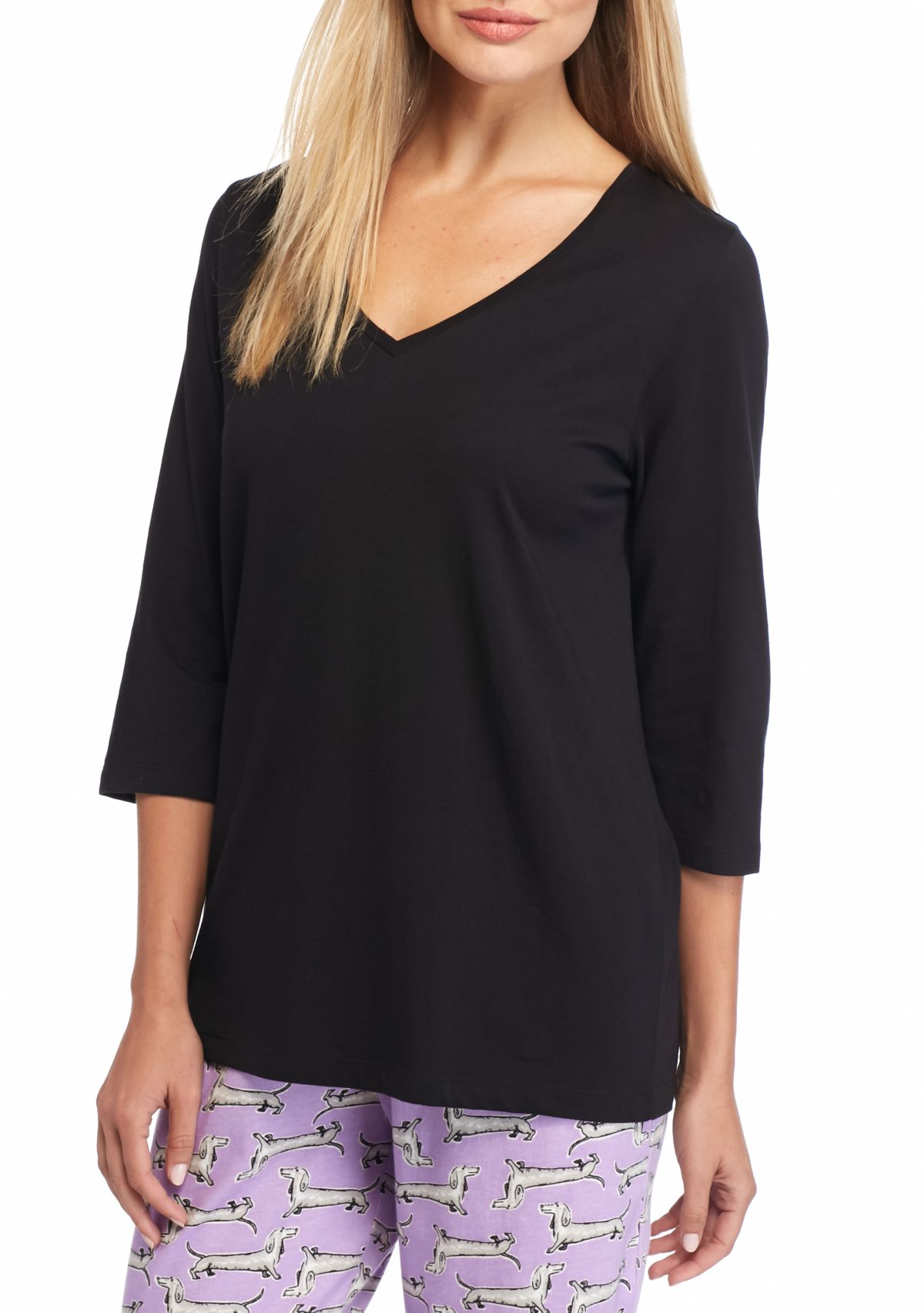 Womens Sleepwell Solid 3/4 Sleeve V-neck T-Shirt with Temperature Regulating Technology