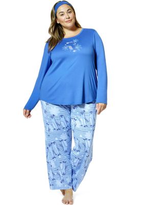 HUE Plus Size Snow Penguins Pajama Set with Headband belk