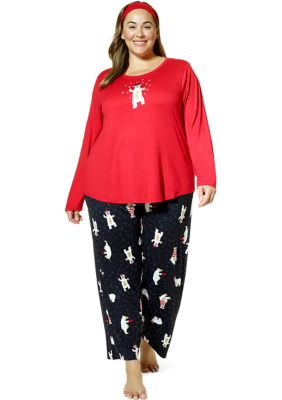 HUE Plus Size Beary Good Printed Pajama Set with Headband belk