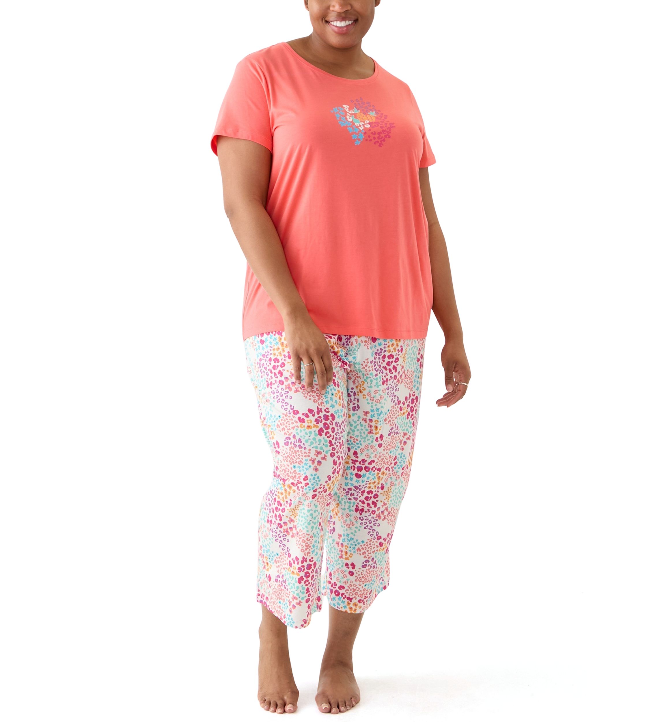 Plus Size Cotton Knit T-Shirt and Capri Pajama Set