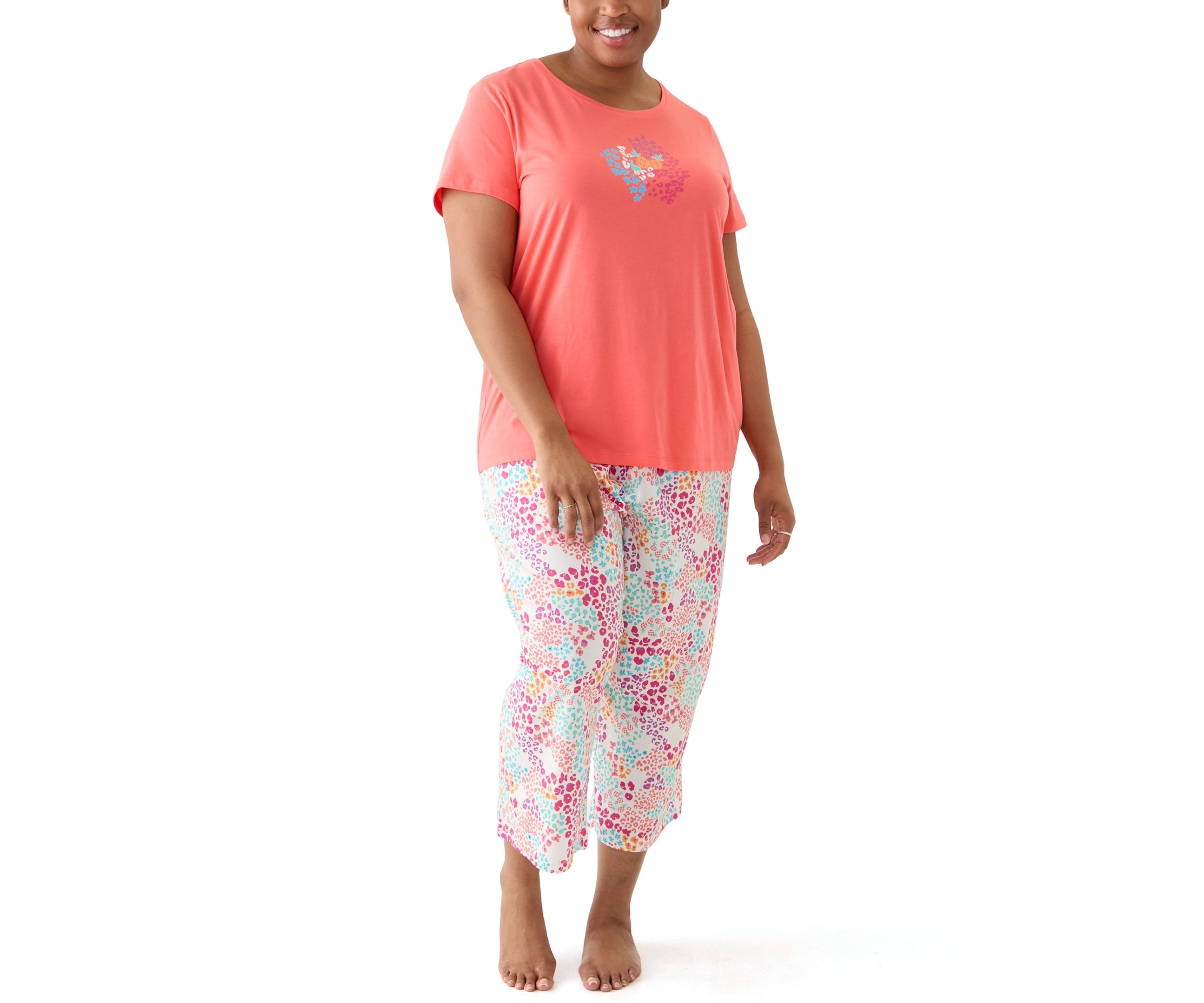 Plus Size Cotton Knit T-Shirt and Capri Pajama Set