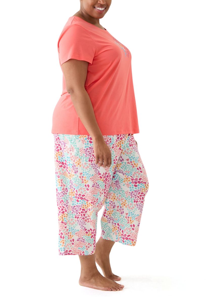 Plus Size Cotton Knit T-Shirt and Capri Pajama Set