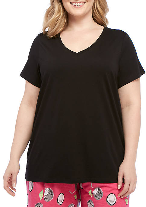Plus Size Solid V-Neck Short Sleeve Sleep T-Shirt 