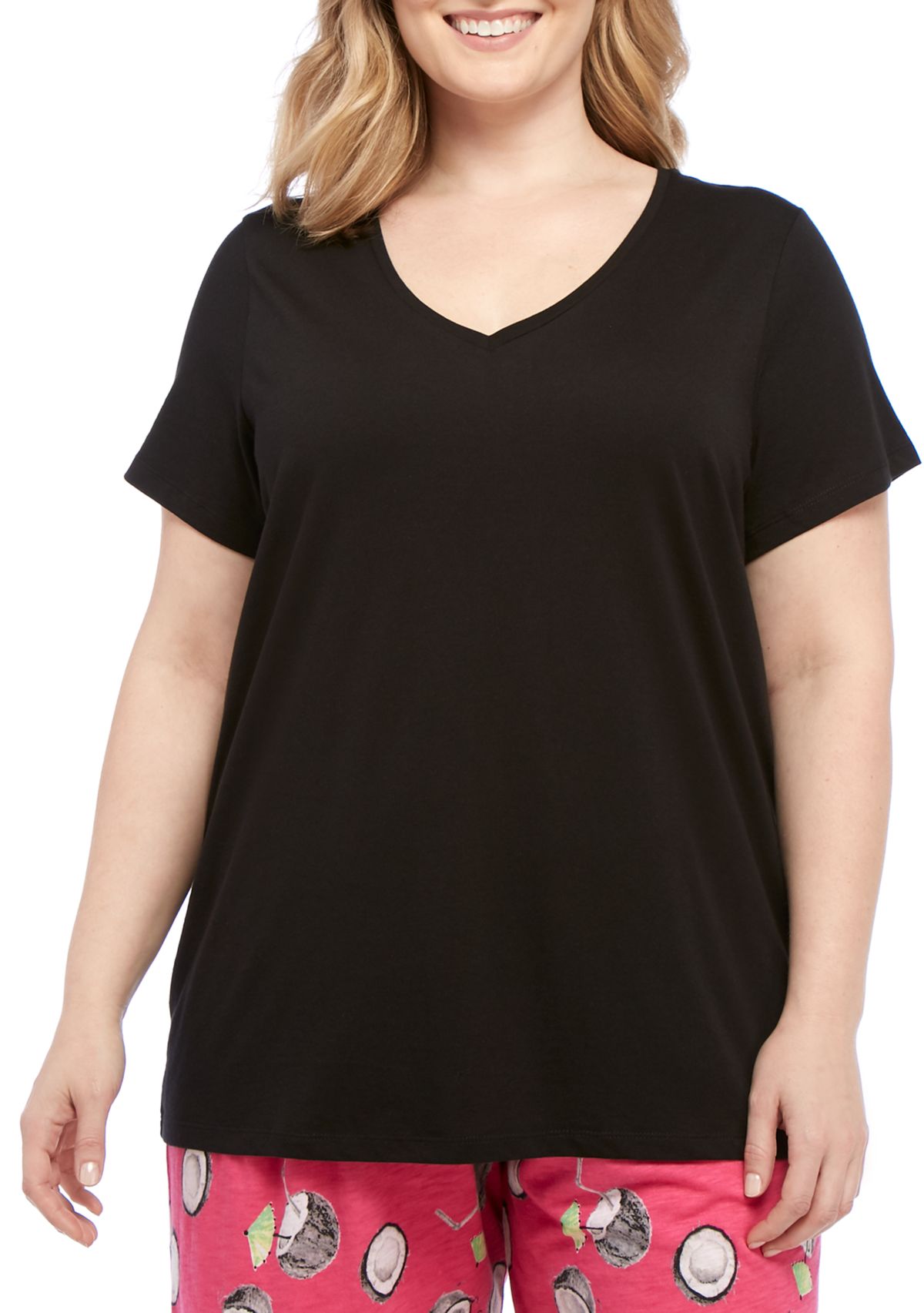 Plus Size Sleepwell Solid Short Sleeve V-Neck Sleep T-Shirt with Temperature Regulating Technology