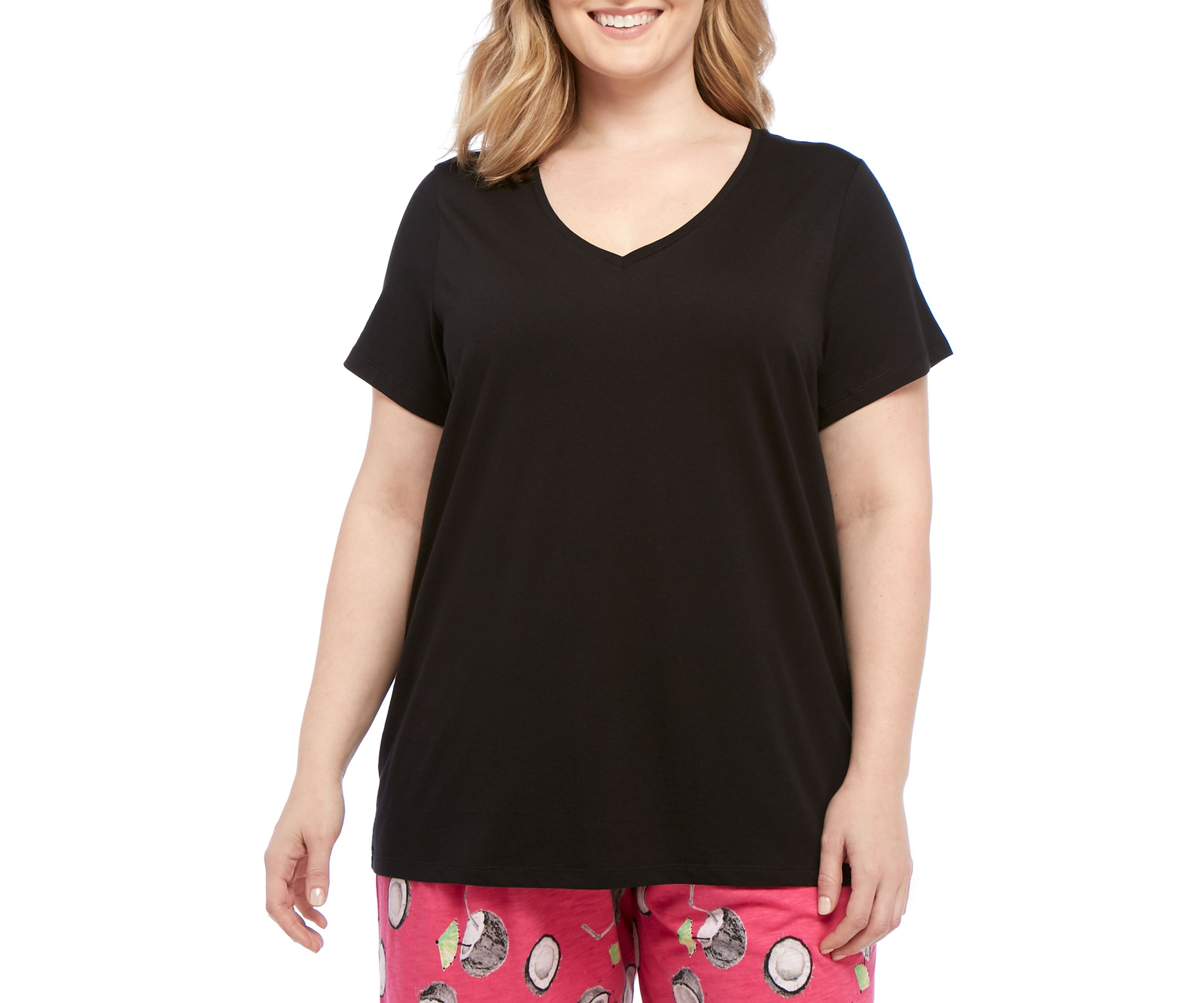 Plus Size Sleepwell Solid Short Sleeve V-Neck Sleep T-Shirt with Temperature Regulating Technology