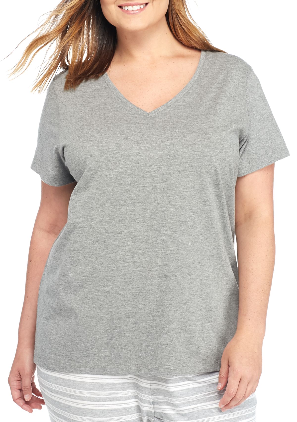 Plus Size Sleepwell Solid 3/4 V-Neck T-Shirt with Temperature Regulating Technology