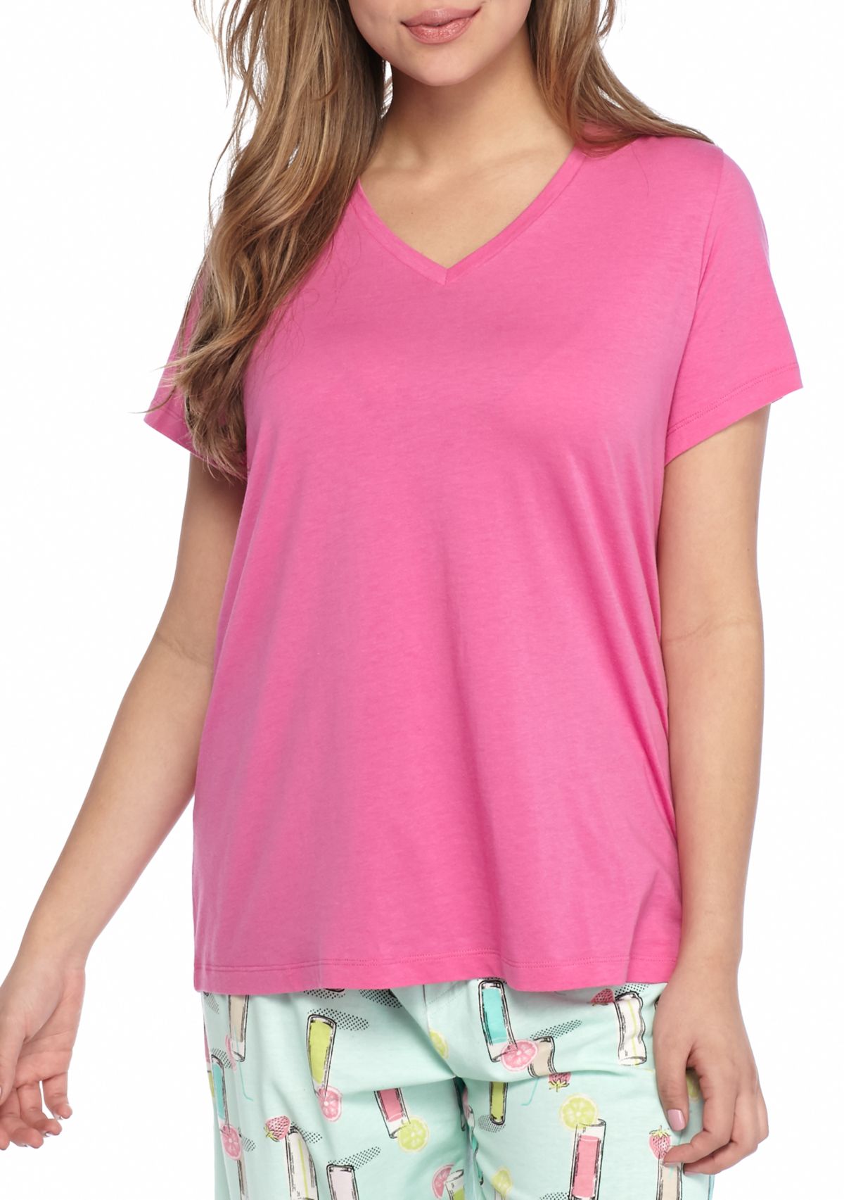 Plus Size Sleepwell Solid Short Sleeve V-Neck T-Shirt with Temperature Regulating Technology