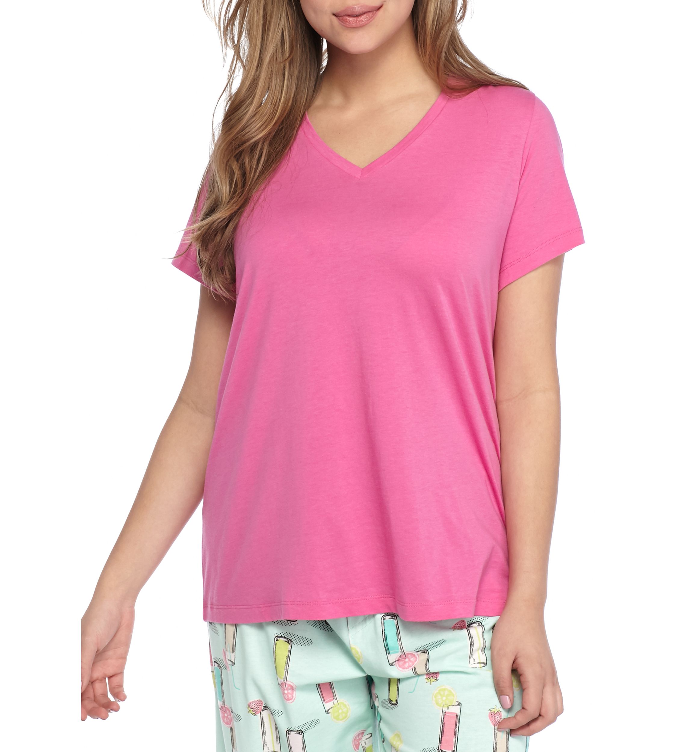 Plus Size Sleepwell Solid Short Sleeve V-Neck T-Shirt with Temperature Regulating Technology