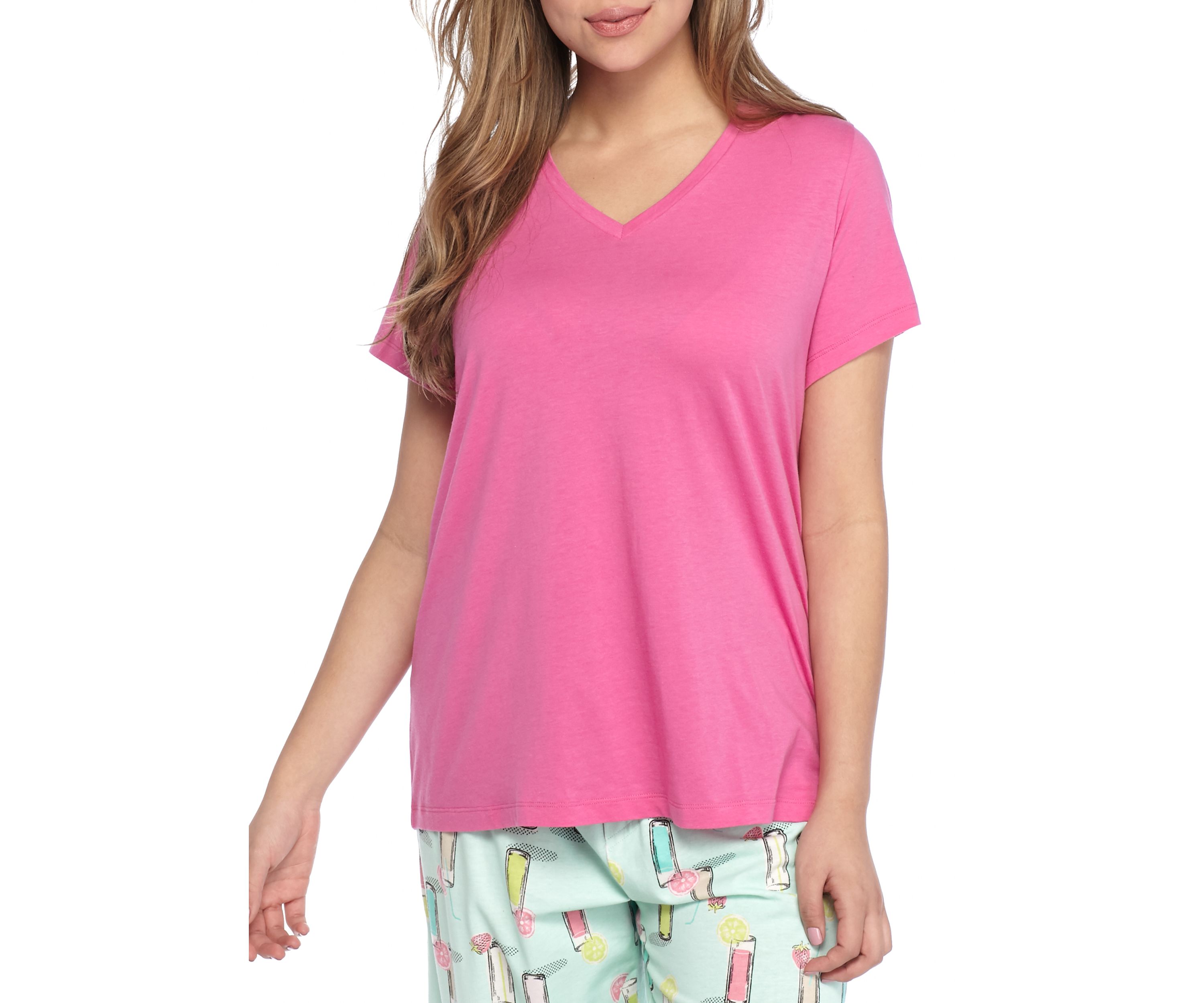 Plus Size Sleepwell Solid Short Sleeve V-Neck T-Shirt with Temperature Regulating Technology