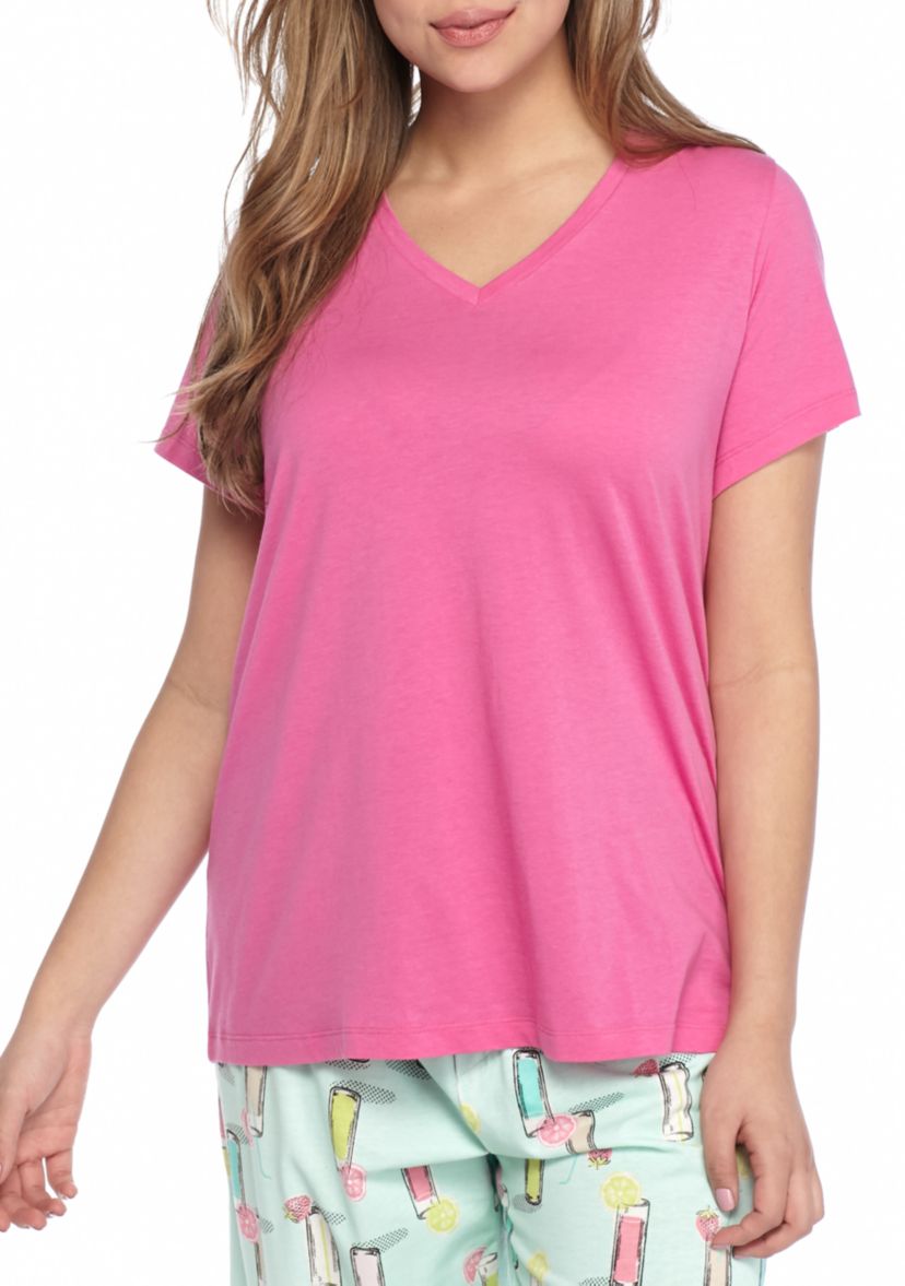 Plus Size Sleepwell Solid Short Sleeve V-Neck T-Shirt with Temperature Regulating Technology