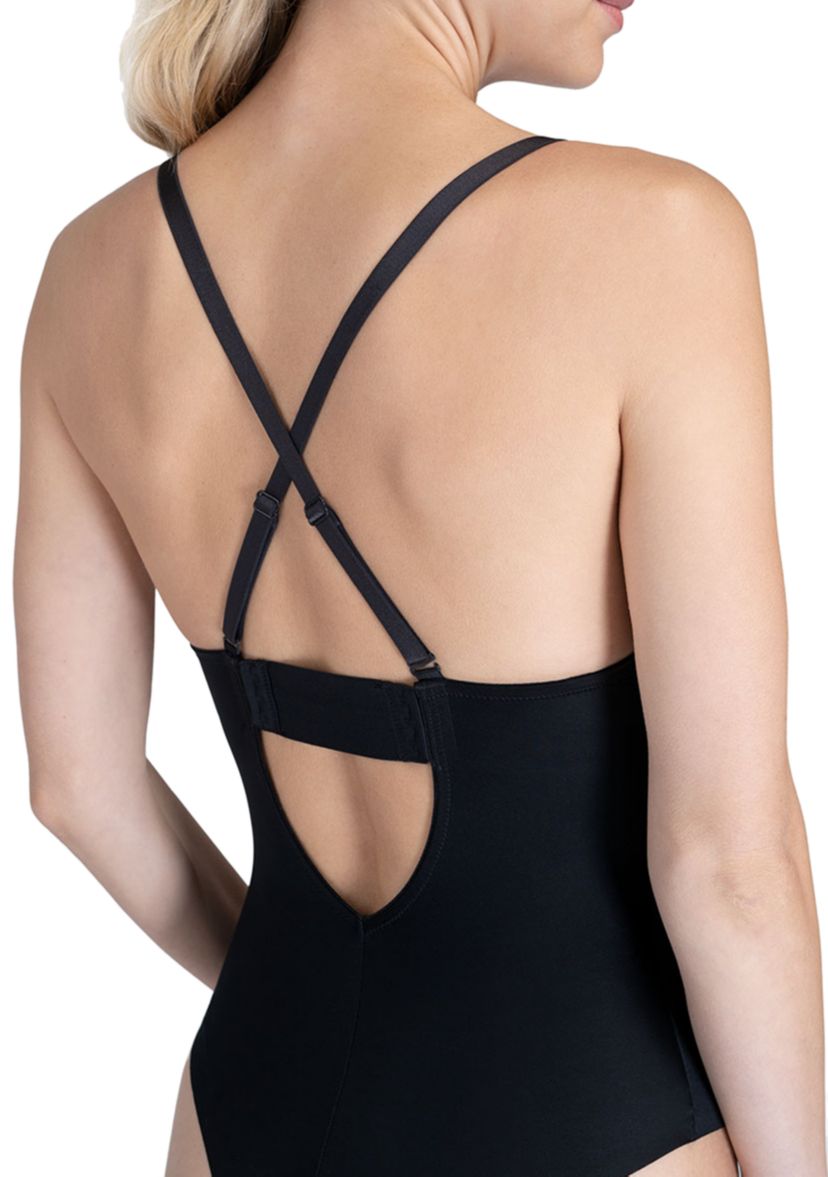 Womens Suit Your Fancy Low Back Plunge Thong Bodysuit