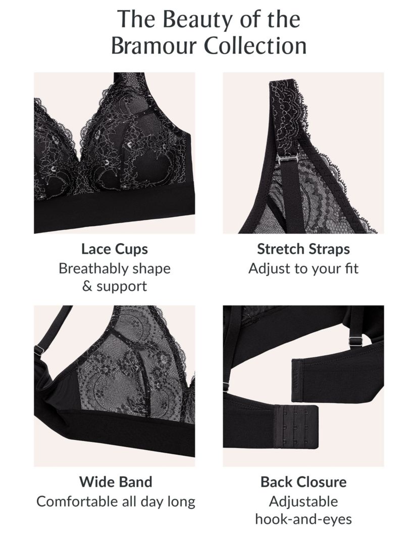 Full Figure Plus Size Bramour Lexington Lace Plunge Bralette Wirefree #7013