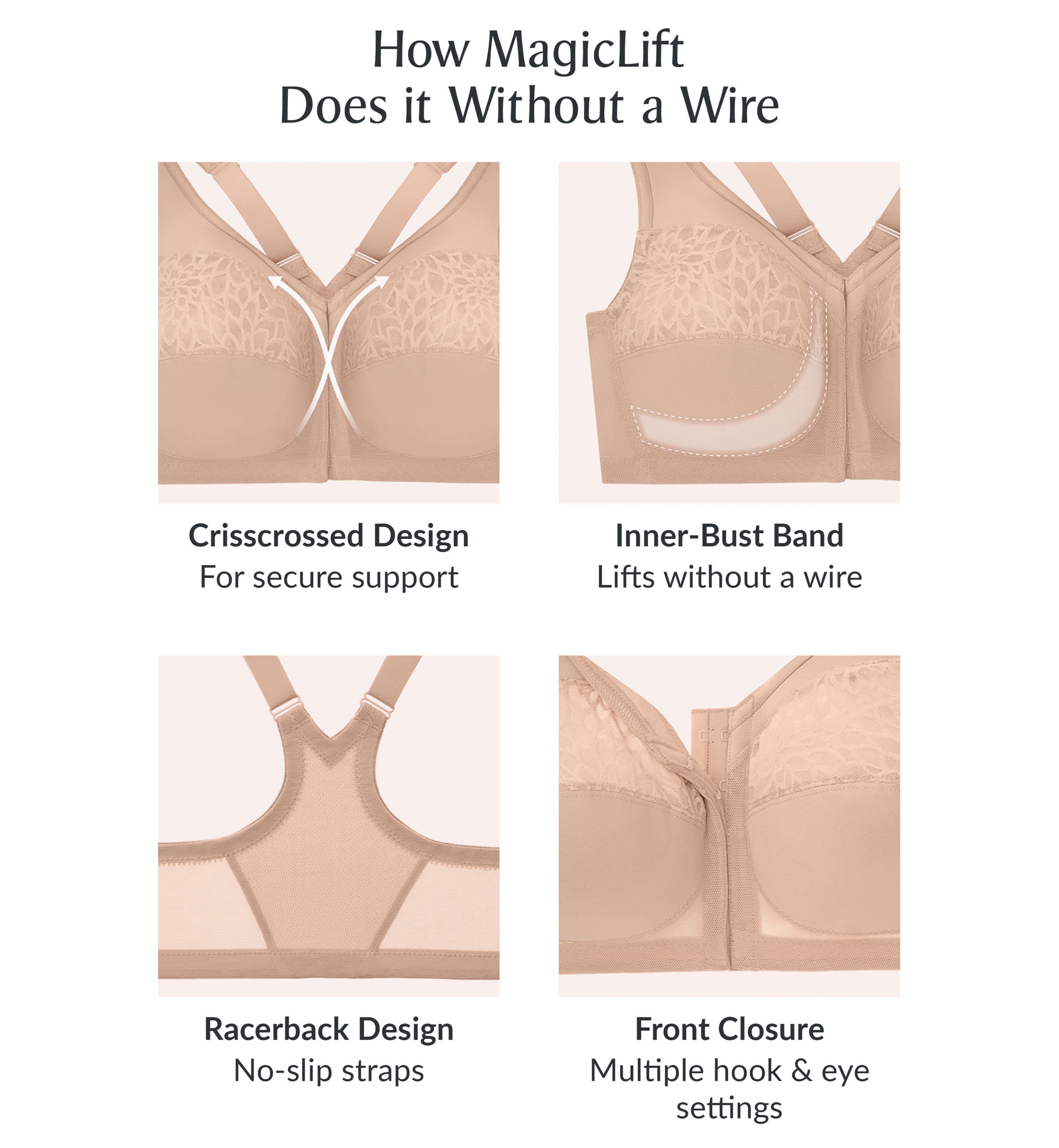 Full Figure Plus Size MagicLift Front-Closure Racerback Bra Wirefree #1206