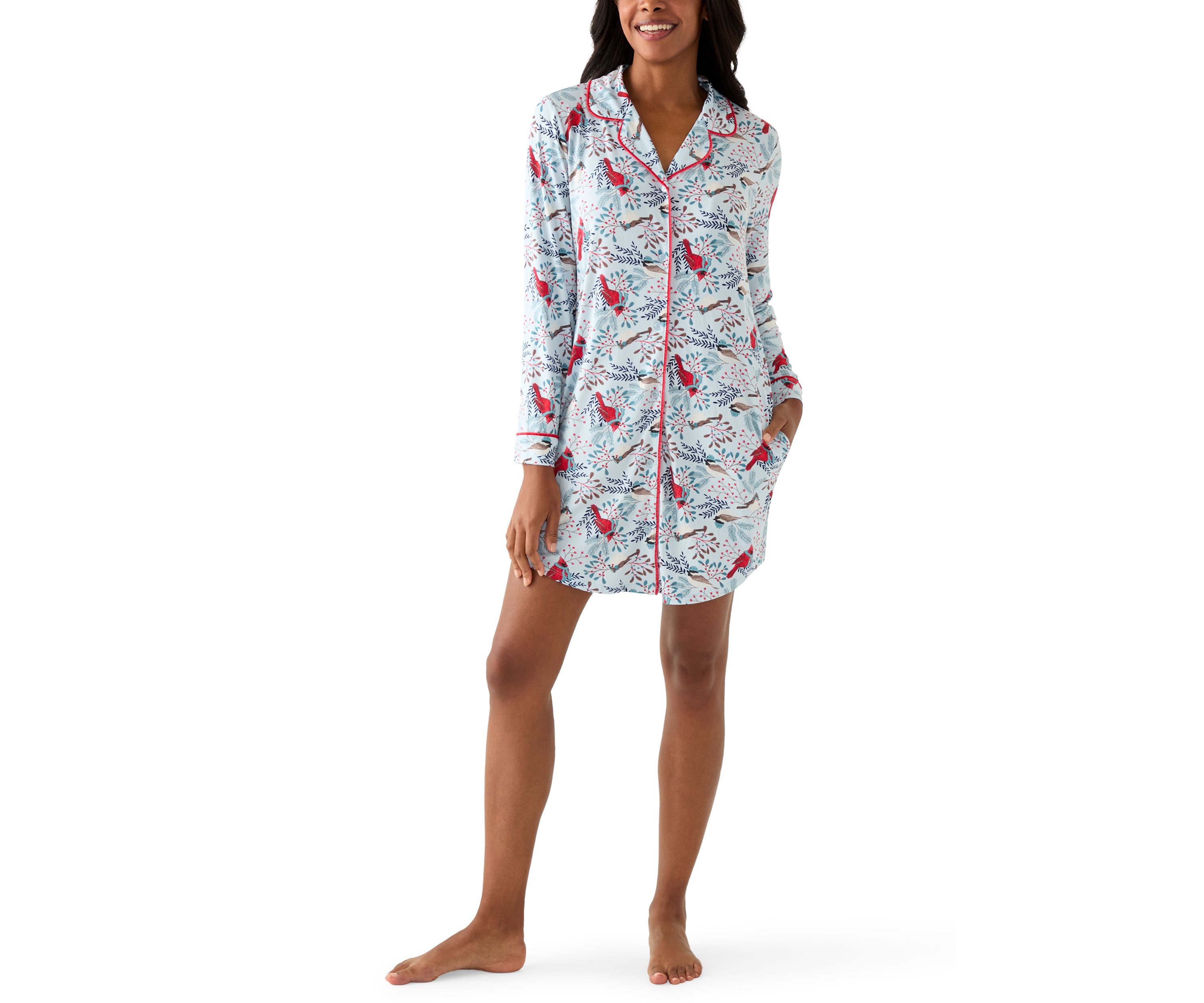 Womens Long Sleeve Notch Collar Sleep Shirt