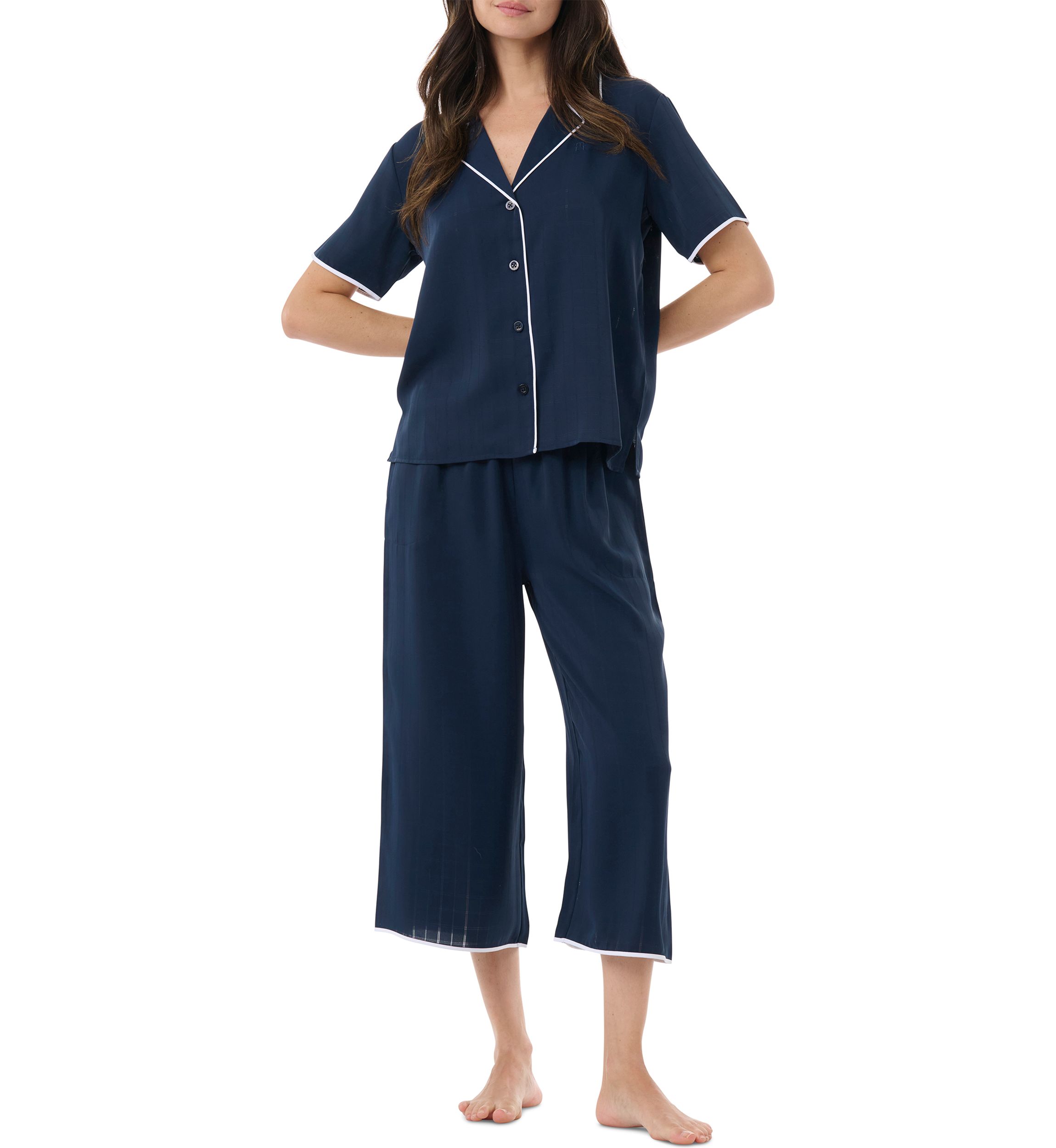Notch Collar Short Sleeve Top and Pants Pajama Set