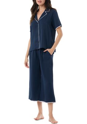 Notch Collar Short Sleeve Top and Pants Pajama Set