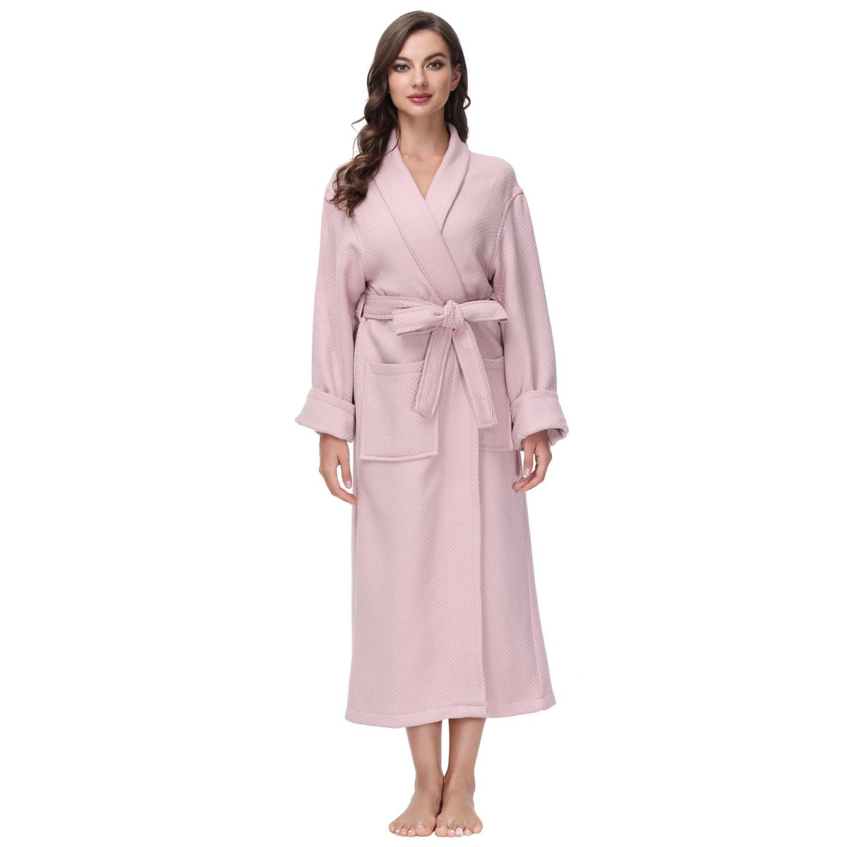 Womens cotton Diamond Waffle look bathrobe with Belt and cuff trim