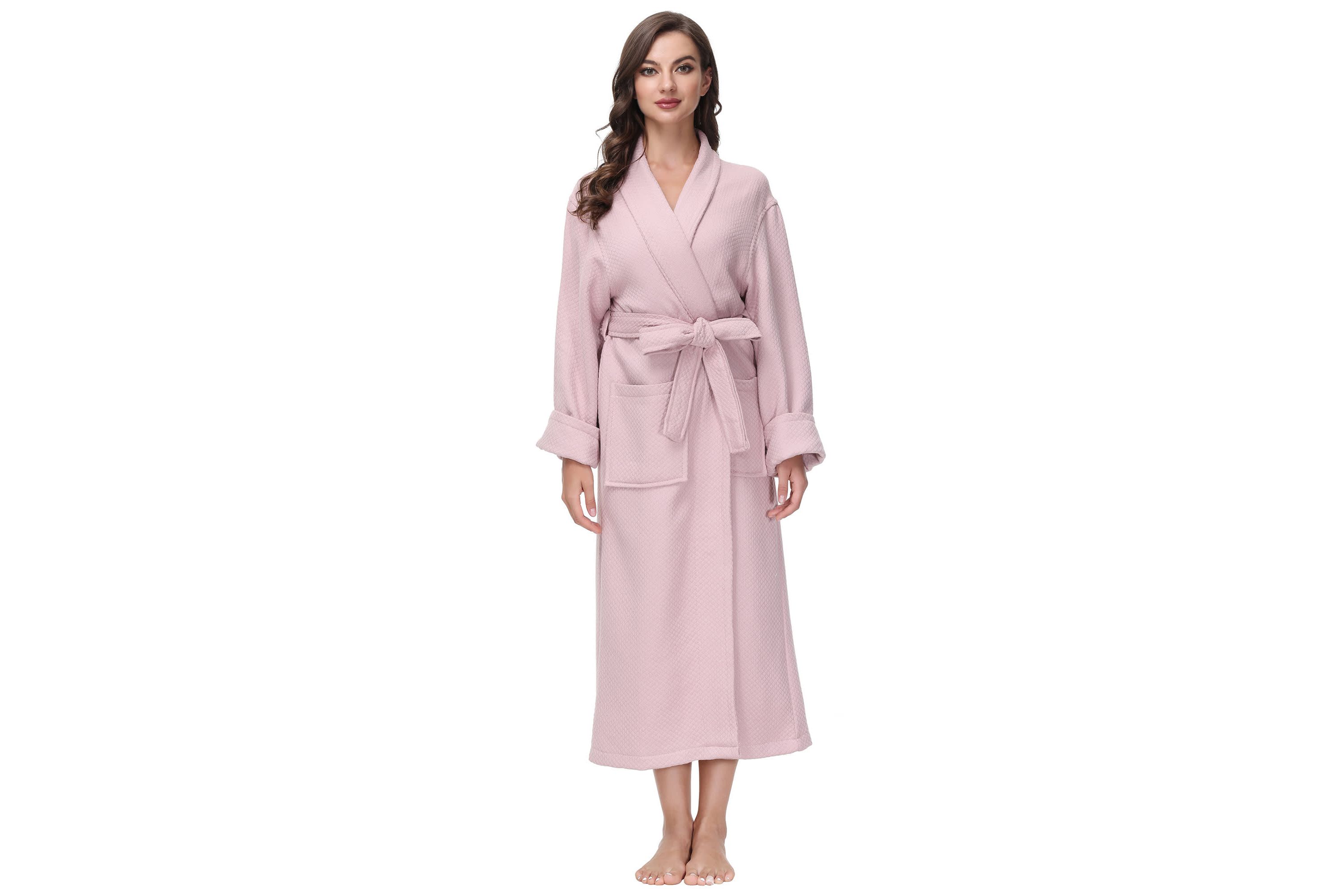 Womens cotton Diamond Waffle look bathrobe with Belt and cuff trim