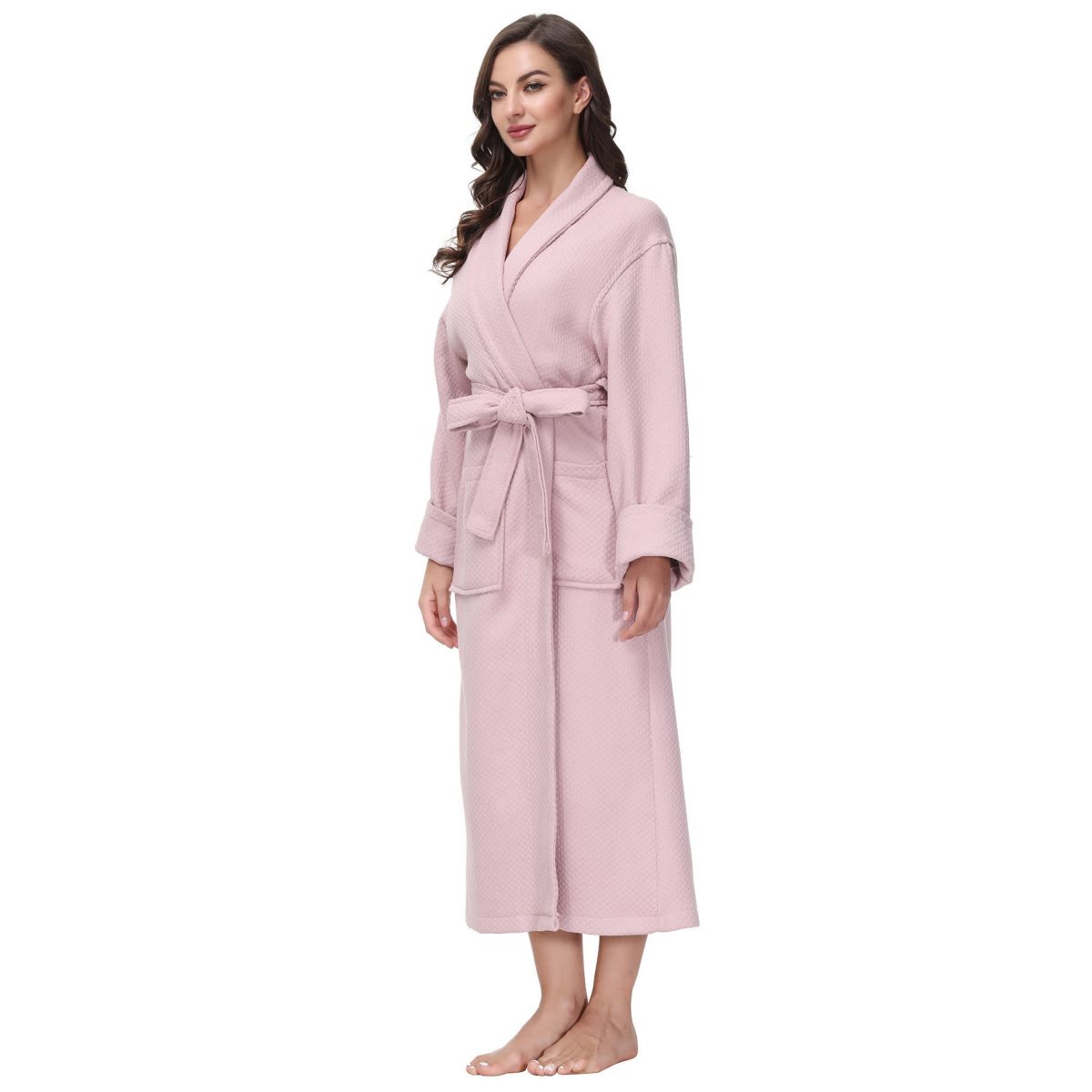 Womens cotton Diamond Waffle look bathrobe with Belt and cuff trim