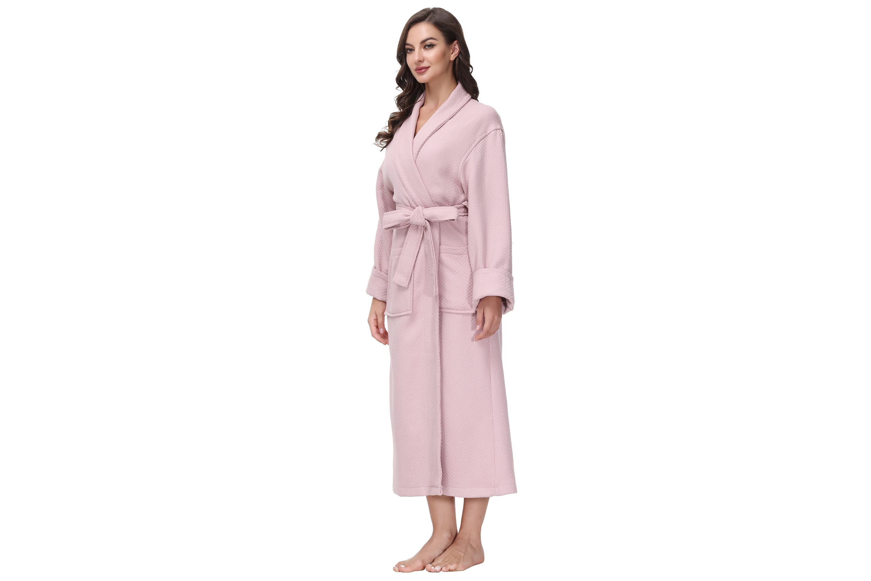 Womens cotton Diamond Waffle look bathrobe with Belt and cuff trim