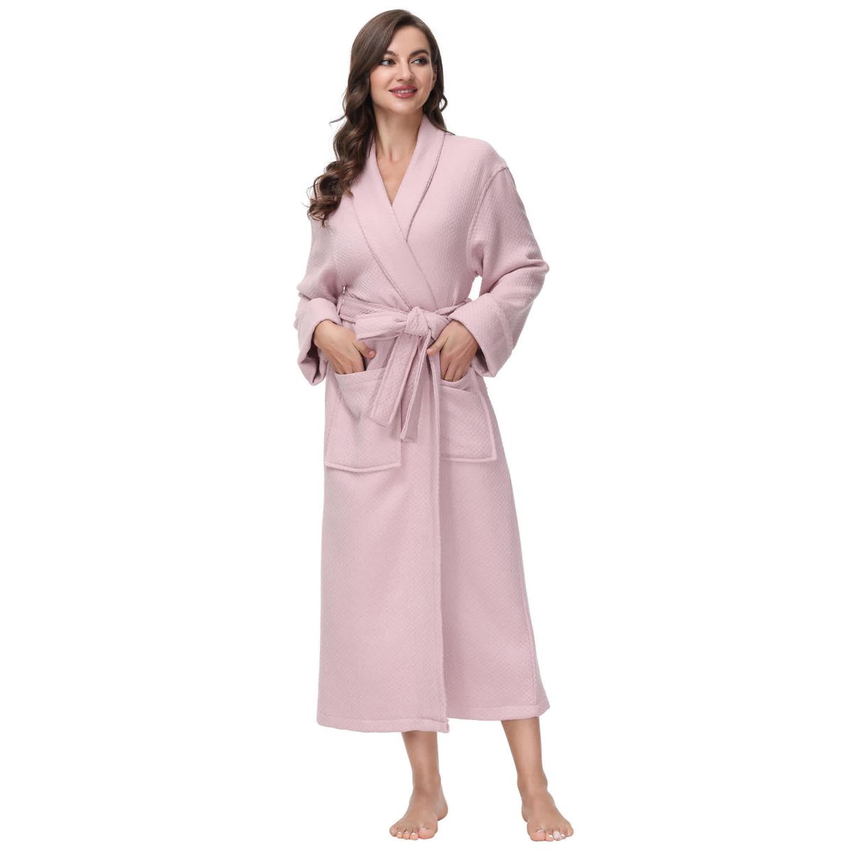 Womens cotton Diamond Waffle look bathrobe with Belt and cuff trim