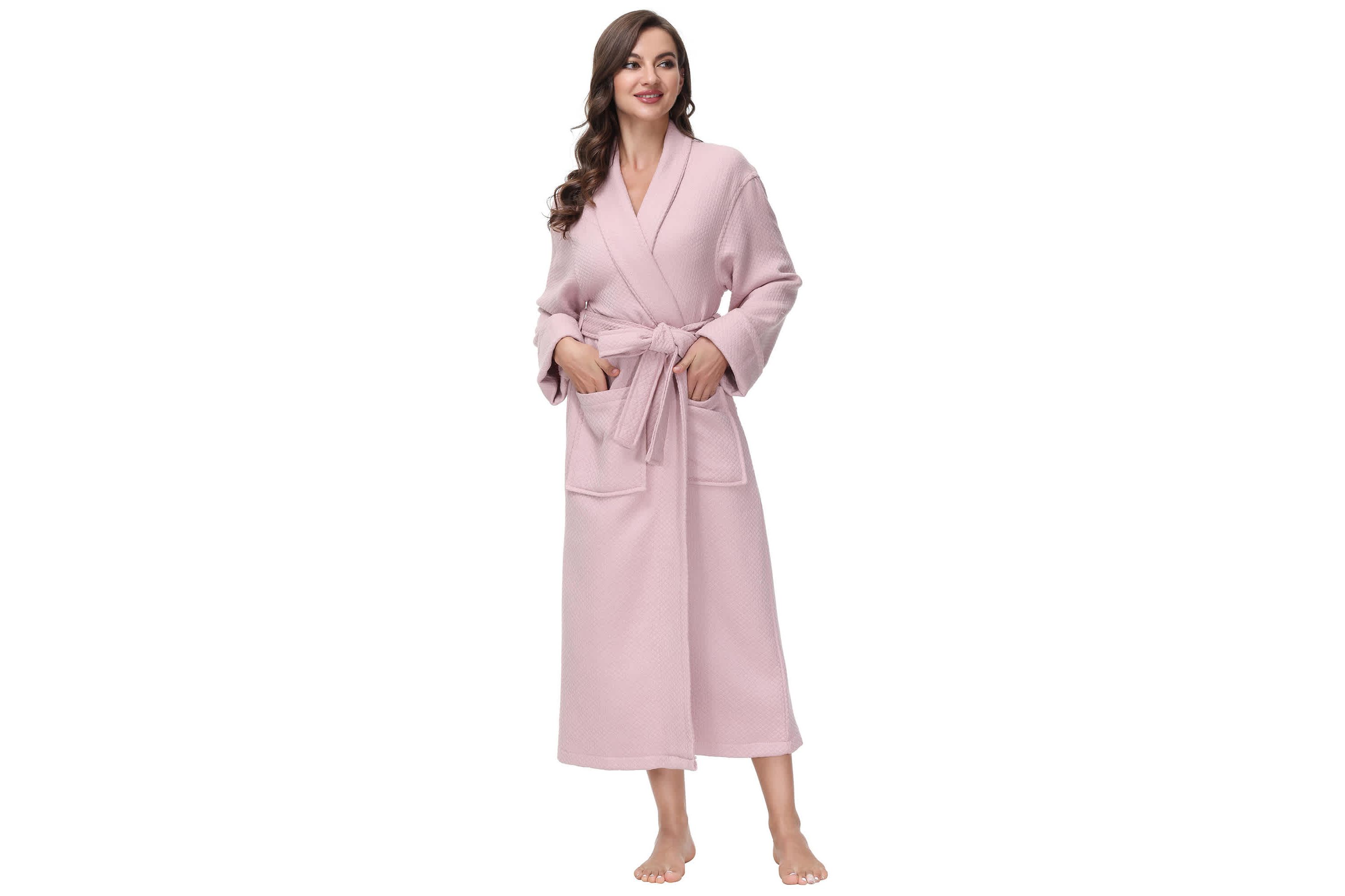 Womens cotton Diamond Waffle look bathrobe with Belt and cuff trim