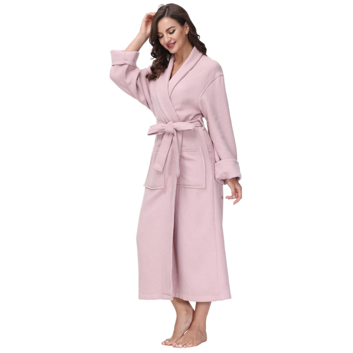 Womens cotton Diamond Waffle look bathrobe with Belt and cuff trim