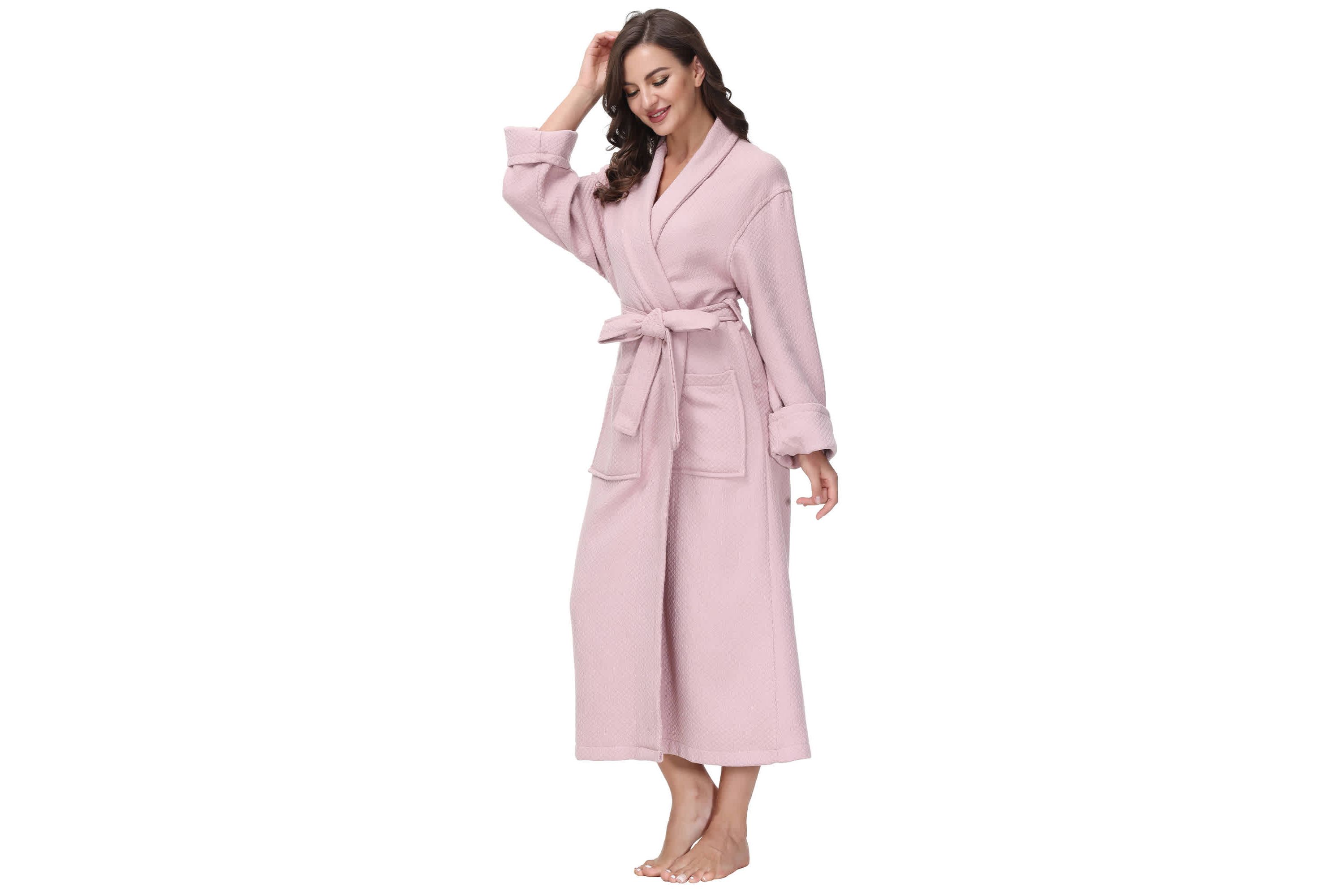 Womens cotton Diamond Waffle look bathrobe with Belt and cuff trim