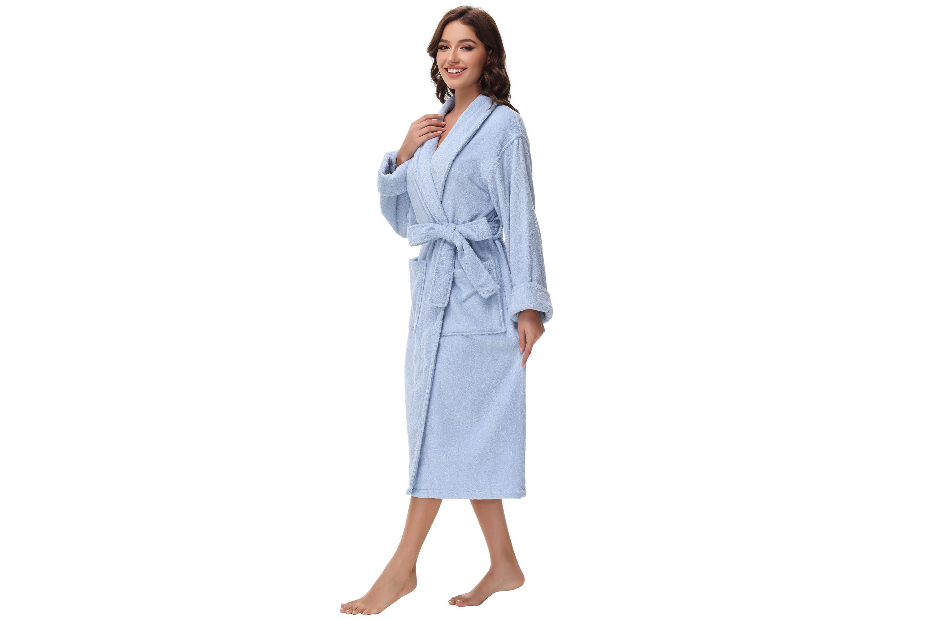 Womens cotton terry bathrobe with Belt and cuff trim