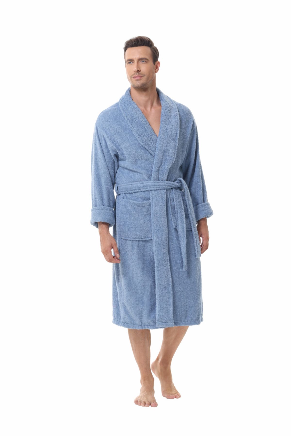 Mens cotton terry bathrobe with Belt and cuff trim