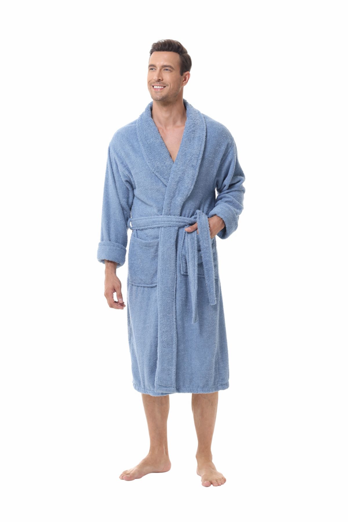Mens cotton terry bathrobe with Belt and cuff trim