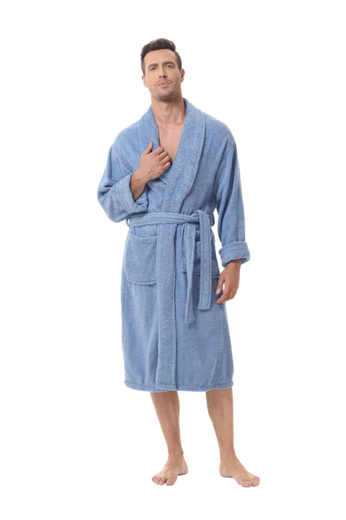 Mens cotton terry bathrobe with Belt and cuff trim