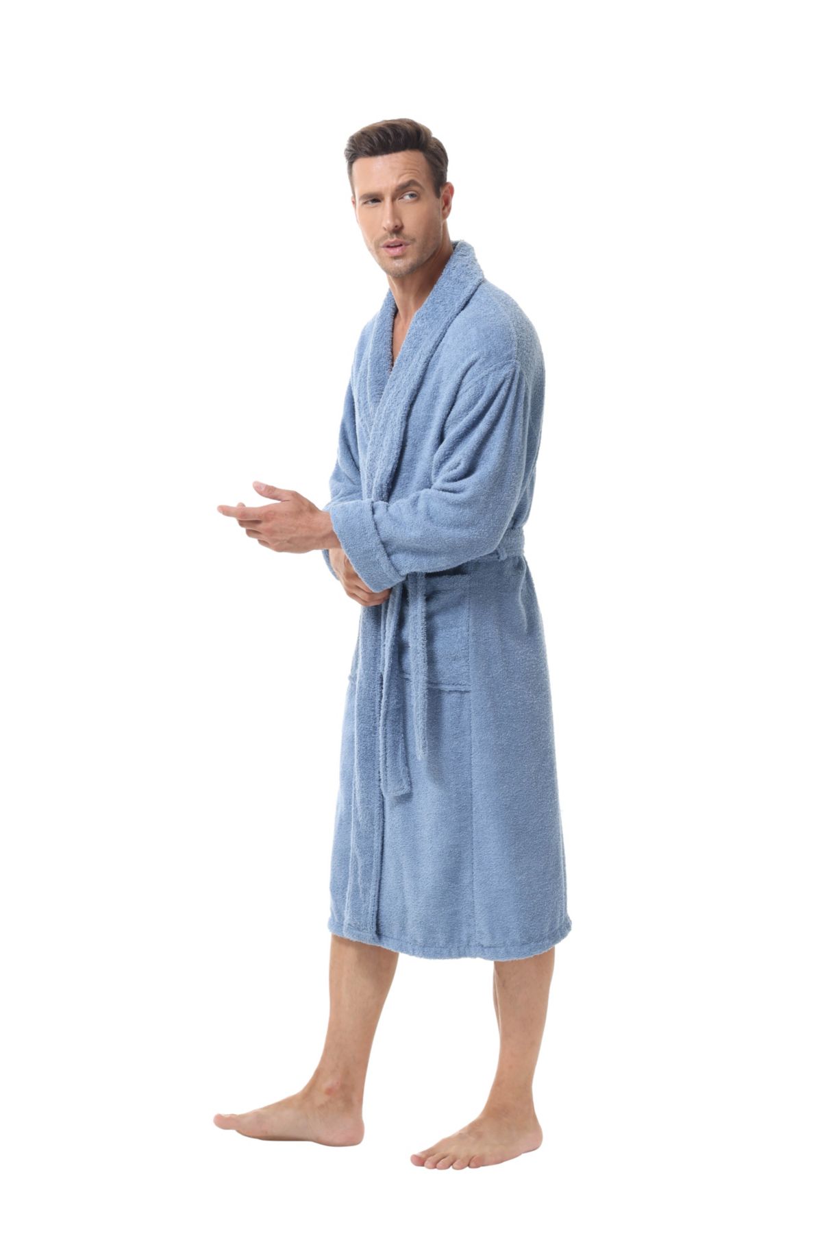 Mens cotton terry bathrobe with Belt and cuff trim