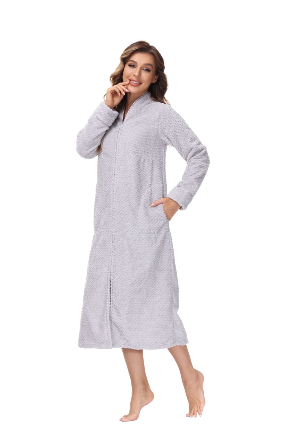 Womens Embossed Plush Front Zipper Robe
