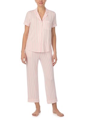 kate spade new york Women's Cropped Stripe Printed Notch Collar Top and Pants Pajama Set, Medium -  0198110058599